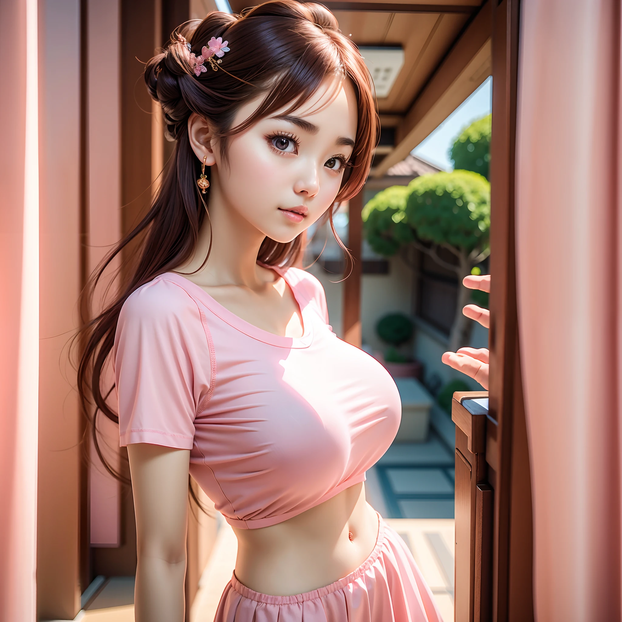 Sexy Japanese woman wearing pale pink lace bodysuit with her hands up showing her armpits, beautiful and cute woman, beautifully detailed face and body, large detailed breasts, detailed armpits, detailed thighs, beautifully detailed eyes, beautifully detailed mouth, nihongami, hairpin, gorgeous hair ornament, traditional Japanese house, tatami mats, shoji screens, sliding doors, erotic, sensual, professional photography, dramatic lighting, warm colors, dramatic pose, sultry expression, flawless skin, intricate lace patterns, strong shadows, highlights, volumetric lighting, nihongami, makeup, smile, hyper realistic, photorealistic, chiaroscuro, cinematic, cowboy shot, 8k, anatomically correct, textured skin, UHD, masterpiece, best quality, 8k, 16k
