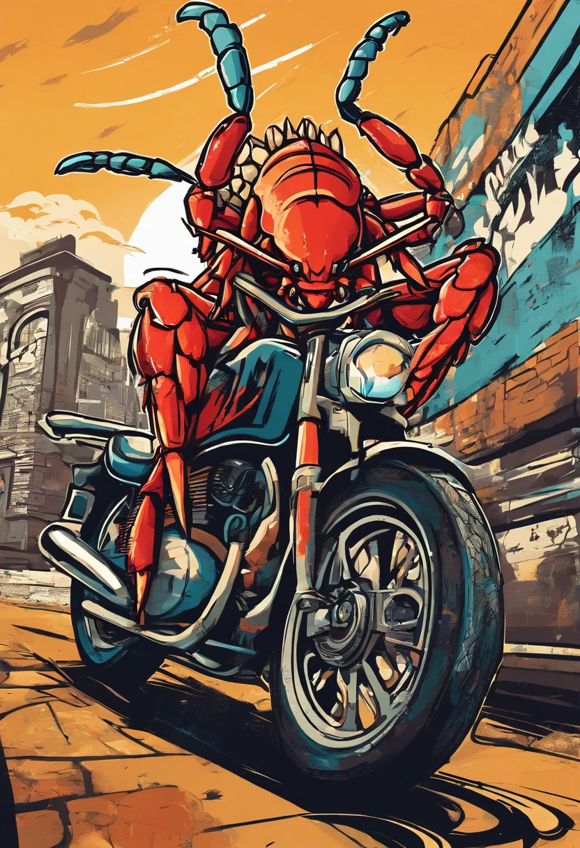 Crayfish riding a motorcycle,Vintage motorcycles,45-degree upward view,cartoonish style
