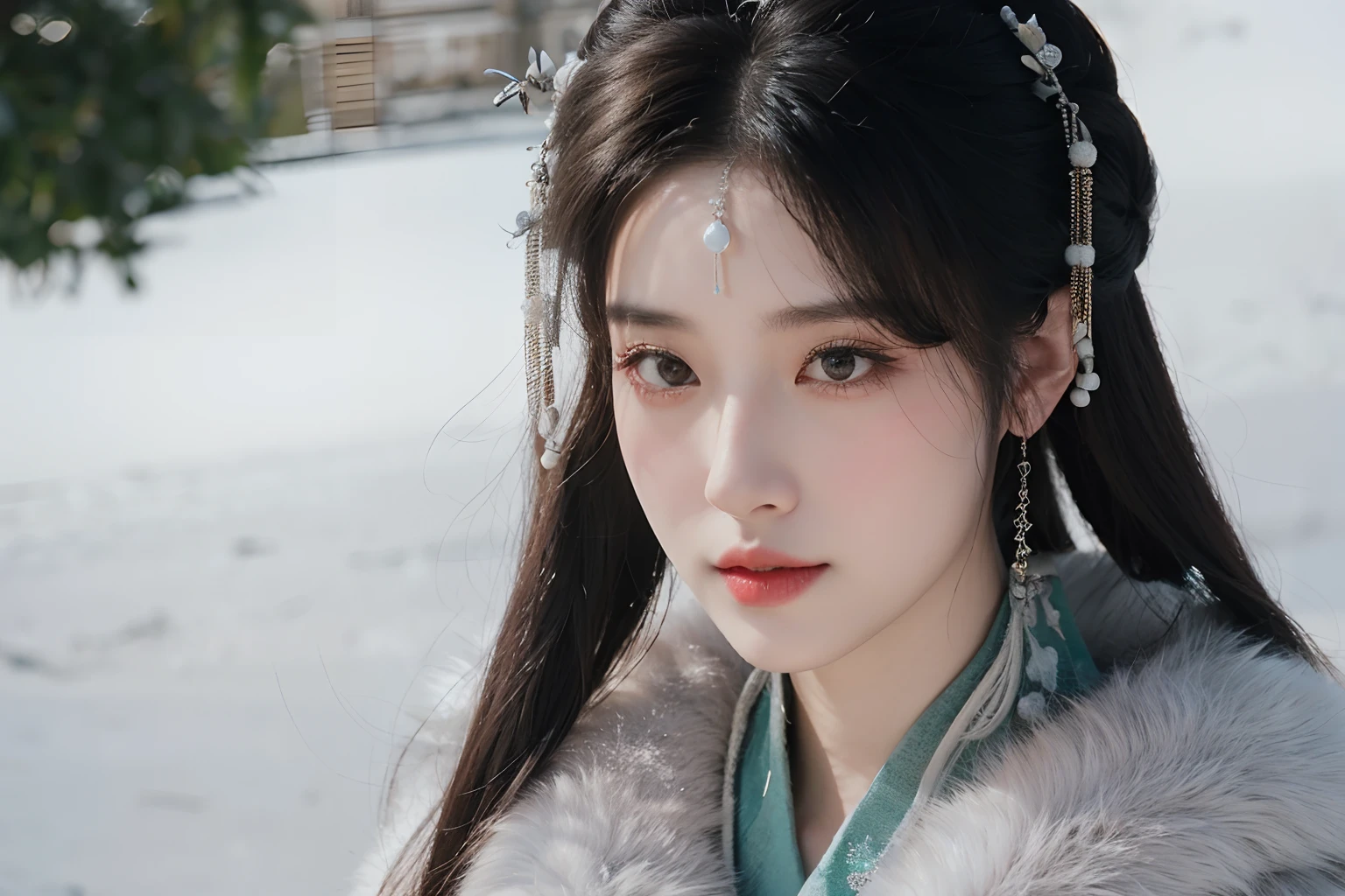 Close-up of a woman in a fur coat and necklace, Palace ， A girl in Hanfu, Hanfu, xianxia fantasy, Xianxia, heise-lian yan fang, White Hanfu, inspired by Du Qiong, Wearing ancient Chinese clothes, Li Zixin, inspired by Li Mei-shu, 8K)), inspired by Zhang Yan
