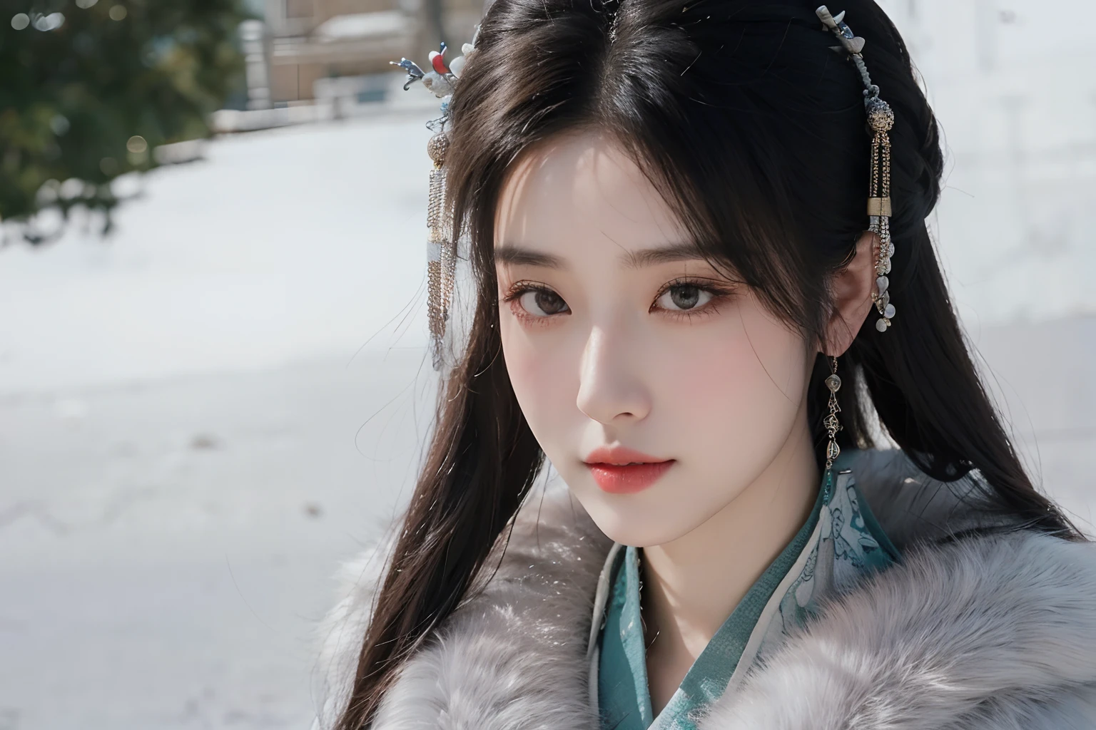 Close-up of a woman in a fur coat and necklace, Palace , A girl in Hanfu, Hanfu, xianxia fantasy, Xianxia, heise-lian yan fang, White Hanfu, inspired by Du Qiong, Wearing ancient Chinese clothes, Li Zixin, inspired by Li Mei-shu, 8K)), inspired by Zhang Yan