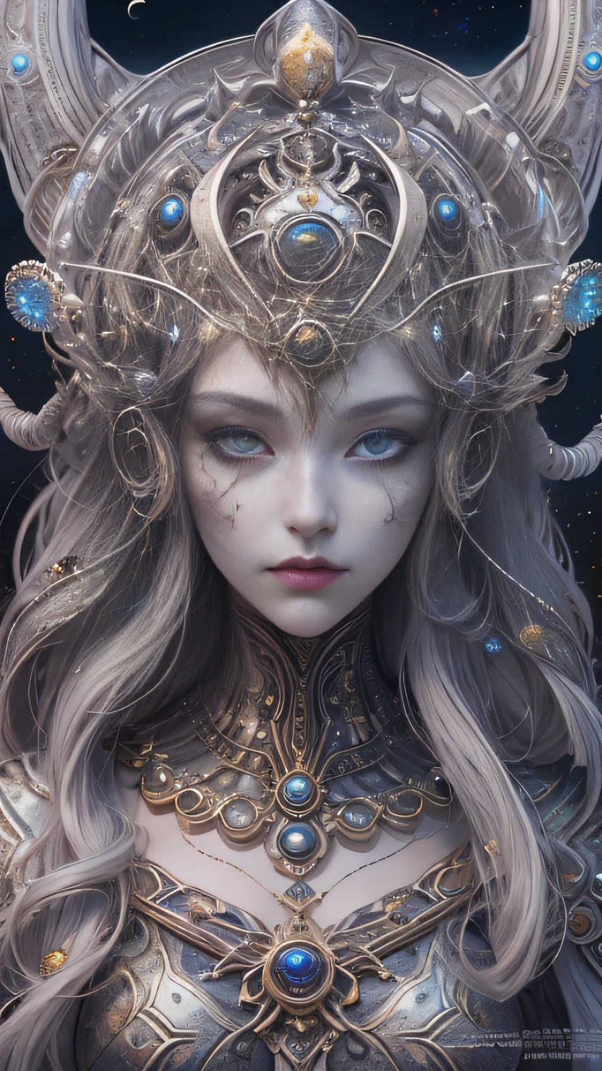 （best qualtiy，ultra - detailed，Most Best Illustration，Best shadow，tmasterpiece，A high resolution，professionalartwork，famousartwork），Detailed eyes，beautidful eyes，closeup cleavage，sci-fy，colored sclera，Robot eyes，face markings，Tattooed with，（fractalized，Fractal eyes），largeeyes，Wide eyes，（Eye focus），sface focus，Cosmic eyes，Space eyes，Close-up of metal sculpture of a woman with a moon in her hair，goddes。extremly high detail，3 d goddess portrait，Extremely detailed footage of the goddess，a stunning portrait of a goddess，goddess portrait，portrait of a beautiful goddess，goddess close-up portrait，hecate goddess，portrait of a norse moon goddess，goddess of space and time