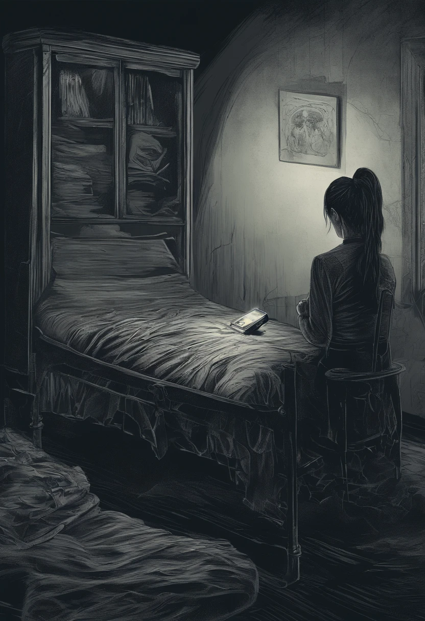 darkened room、infp young woman、Operating a smartphone、Unread message text on smartphone screen