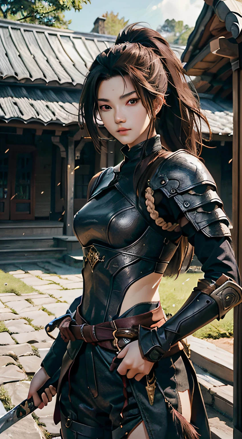 Yaso、League of Legends、yasuo_(lize_In the_legends)、1 juvenile、arma、Male Focus、The sword、facial hairs、独奏、a beard、scabbard、poneyTail、brown haired、ngel、length hair、arma、s Armor、Brown-eyed、outside of house、holds a sword、Knives、musculature、The tree、looking at the spectator、lifelike rendering、​masterpiece, top-quality, hightquality, hight resolution, Wearing black clothes、Show the thighs visible through the slit、