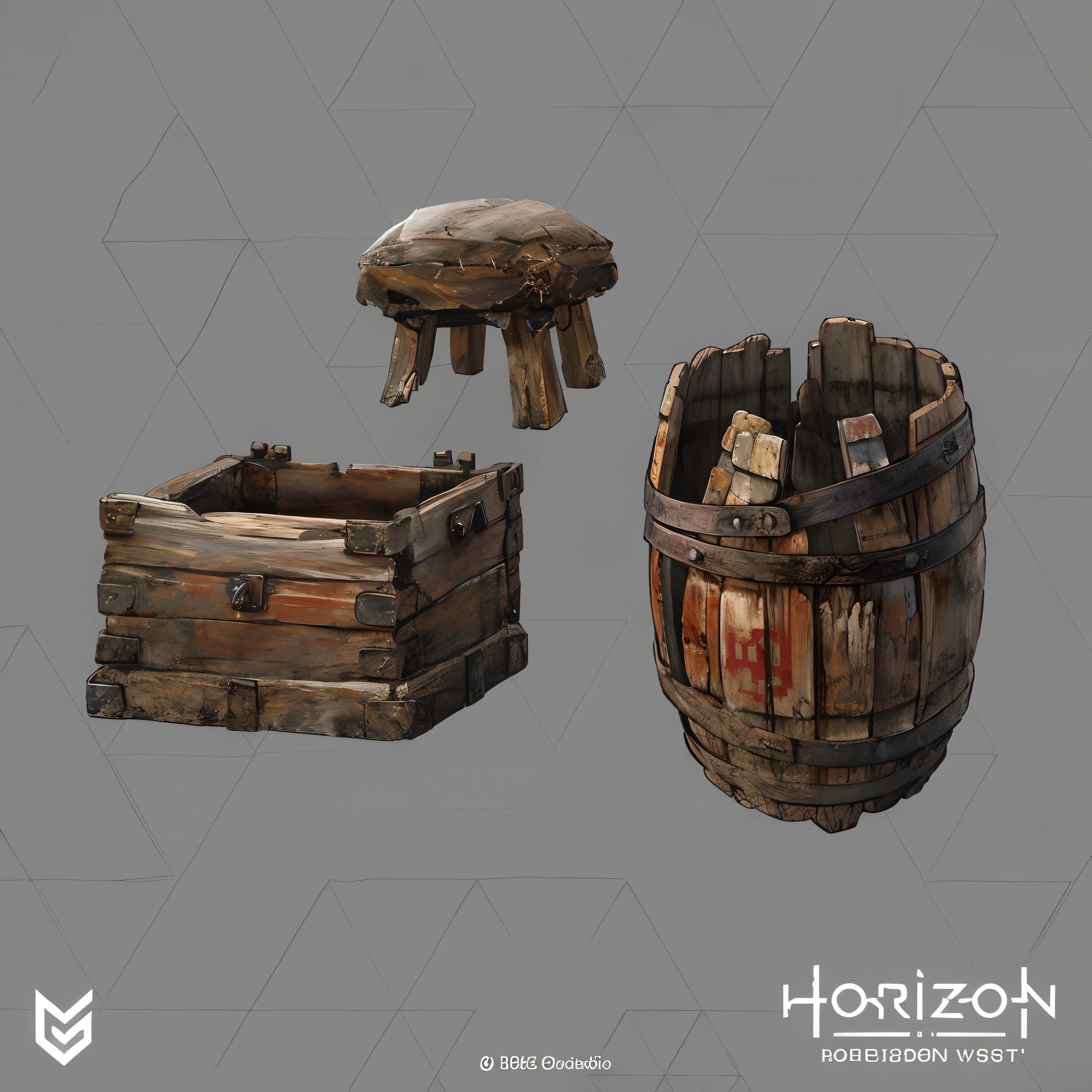 Close-up of wooden barrels and wooden benches, Horizon Forbidinsi, game assets, object concept art, game assets, video game assets, video game assets, seperated game asset, video game assets, rpg game environment asset, ultra detailed concept art, Wooden boxes and barrels, 3d game object, Hosson, Highly detailed object content