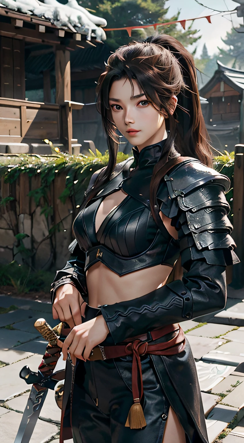 Yaso、League of Legends、yasuo_(lize_In the_legends)、1 juvenile、arma、Male Focus、The sword、facial hairs、独奏、a beard、scabbard、poneyTail、brown haired、ngel、length hair、arma、s Armor、Brown-eyed、outside of house、holds a sword、Knives、musculature、The tree、looking at the spectator、lifelike rendering、​masterpiece, top-quality, hightquality, hight resolution, Wearing black clothes、Show the thighs visible through the slit、