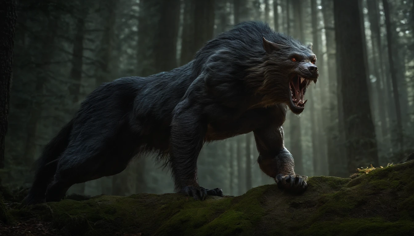werecreature,erect through,the night,In the woods,8K,((tmasterpiece)),hdr,highly detailed,professinal