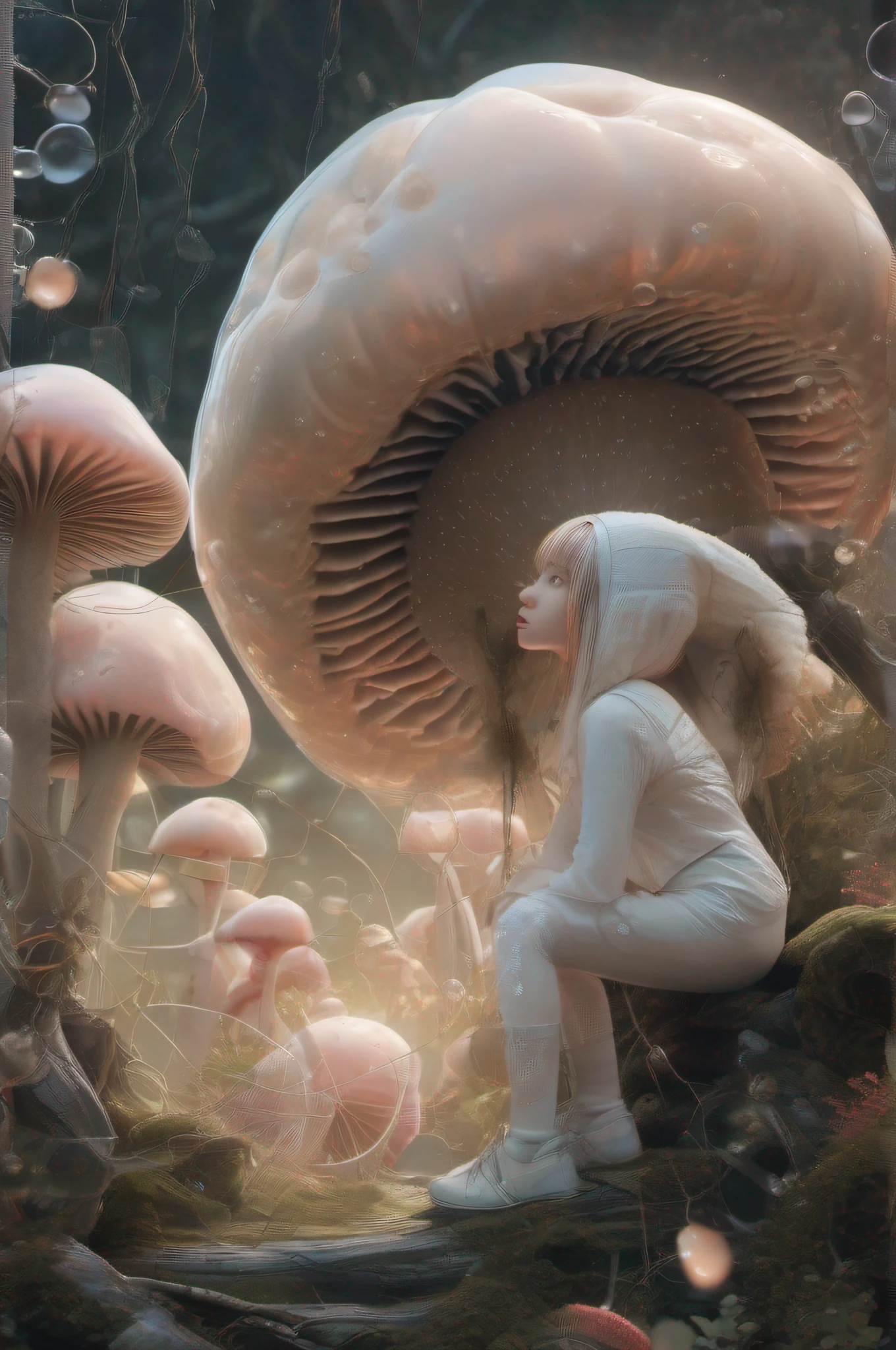 A girl in a bubble standing amidst large mushrooms in the style of angura kei, detailed costumes, haunting portraiture, dark white, playful intricate, solar punk, cloch core, contained chaos, bubble goth, made of wire, linnea strid, Tetsuo Hara, Extremely high-resolution details, photographic, realism pushed to extreme, fine texture, incredibly lifelike, Ultra HD 4k, highly detailed, photorealistic, --v 5-1, --chaos 55, --AR 1:1, cyber core, -- s 200,