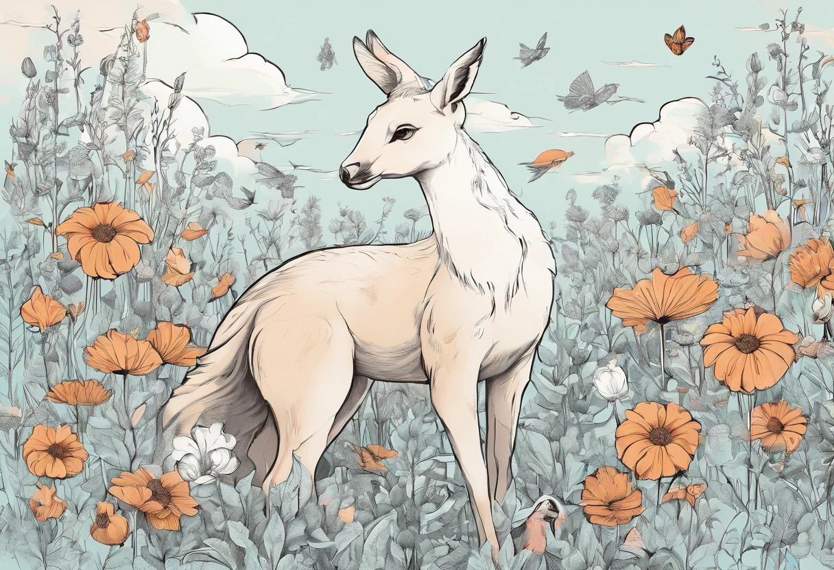 There are photos of various animals in a flower field, line art illustration, ln the forest, Hand drawn illustrations, pattern designs, Fantasy Forest