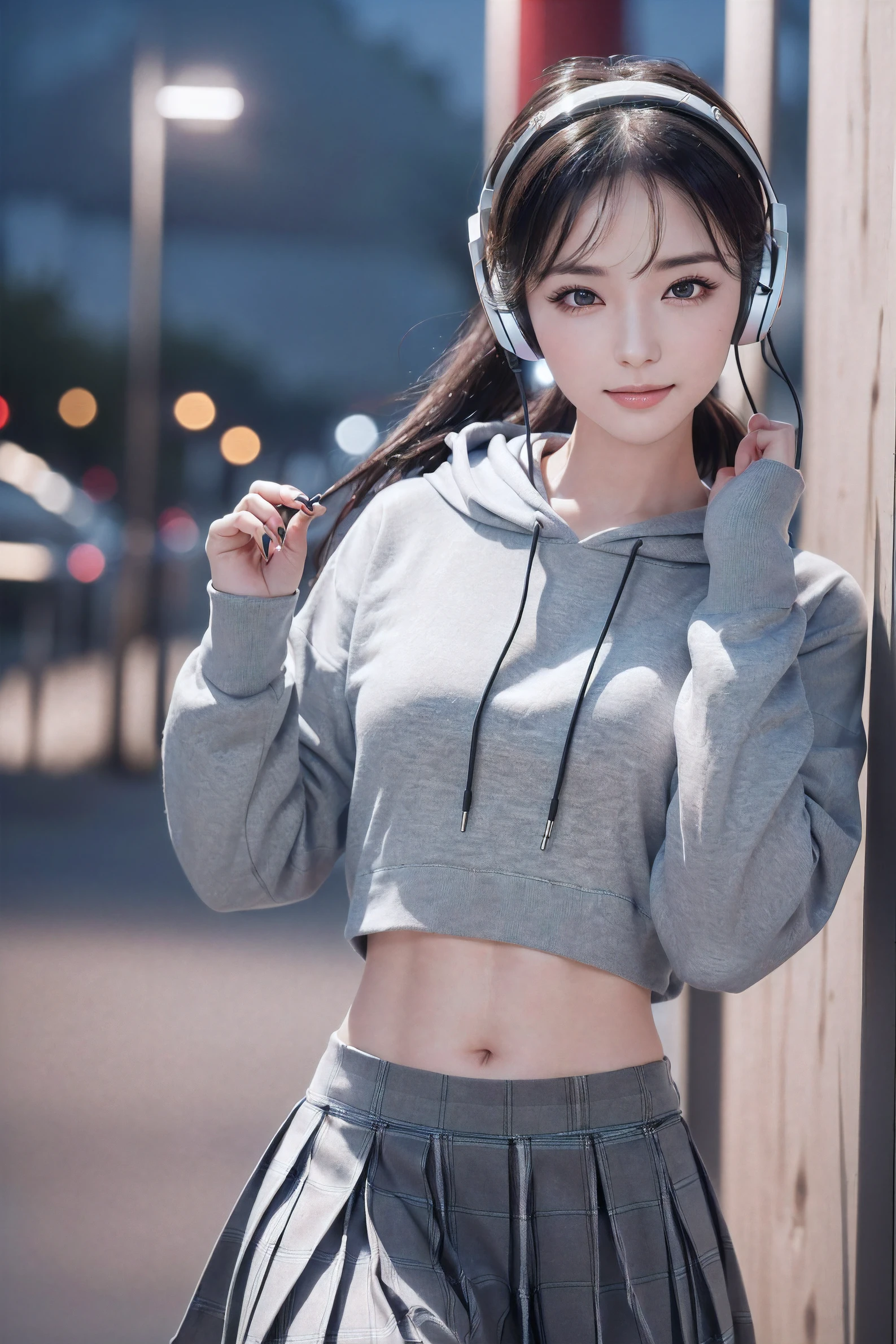 A extremely Cute and Beautiful Pictures of Japan Woman, (22 years old: 1.1), ((cowboy shot:1.3)), ((soft bar lighting: 1.3), (Backlight: 1.3), Full Body Lighting, (face soft lighting), Look Straight, Cinematic Angle, Graceful standing, (((night situation:1.5))), (walking and singing at night park:1.3), (attractive:1.3), (wearing a headphone:1.5), (holding a headphone:1.3, hands on a headphone:1.3), Blake, punk look:1.3, (dark-grey crop-top hoodie:1.3, plaid-pattern box-pleats-skirt:1.3), knee-high-over-boots:1.3, glasses, BREAK, (dark brown eyes, beautiful eyes, princess eyes), (shiny-black hair:1.3, Hepburn style chignon hair:1.3, bangs, hair between eyes, medium-length hair), (slender, abs), (medium breasts:0.95), (thin waist:1.25), solo, (parted lips, pink glossy lips), (beautiful clean skin), (seductive princess smile: 1.25, closed mouth:1.2), (4fingers and thumb:1.3, perfect human hands. detailed human hands), BREAK, (Realistic, Photorealistic: 1.37), (Masterpiece, Best Quality: 1.2), (Ultra High Definition: 1.2), (RAW Photo: 1.2), (Sharp Focus: 1.3), (Face Focus: 1.2), (Ultra Detailed CG Unified 8k Wallpaper: 1.2), (Beautiful Skin: 1.2), (Pale Skin: 1.3), (Hyper Sharp Focus: 1.5), (Super Sharp Focus: 1.5), (Beautiful Face: 1.3), (Ultra Detailed Background, Detailed Background: 1.3), (perfect female body), ((frame the head:1.3)), perfect anatomy, perfect proportions, 8.5 life-size, face focus, ultra-realistic photos, ultra-clear images, ultra-detailed images,