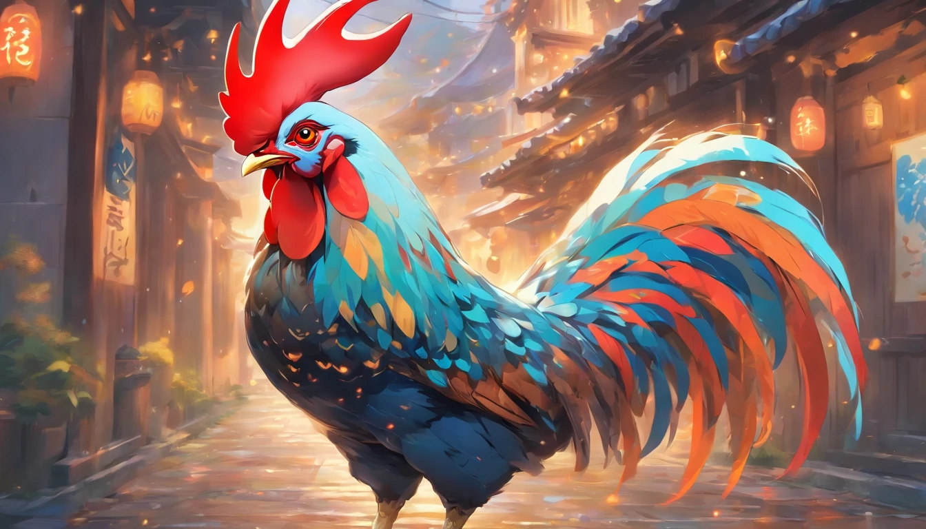 Zodiac chicken Colorful rooster, ,Big eyes, Wear festive attire, Standing on the side of the street, Ancient style, Artistic touch，Snes painting
