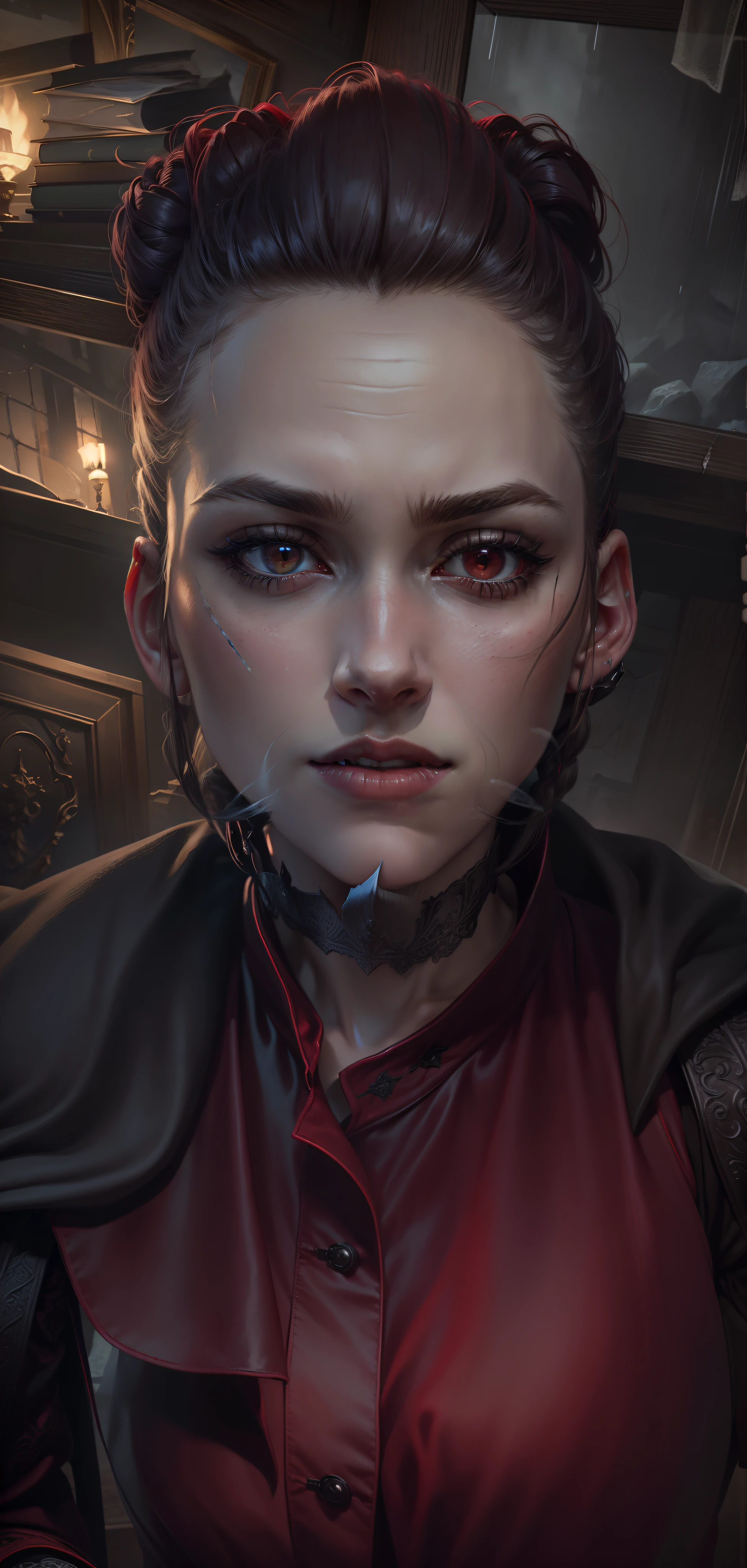 Masterpiece, best quality, hyperrealistic (portrait:0.9) photograph, of (effortlessly beautiful Nordic female vampire with dark braided hair and pale skin), ((Serana from Skyrim)), ((perfect face)), seductive look, (highly detailed skin), lifelike texture, supple skin pores, (wearing velvet red royal vampire robes:1.2), standing in front of Castle Volkihar, dark fantasy_\(setting\), ominous atmosphere, storm clouds above, cold color temperature, dull, (cinematic lighting), shallow depth of field, photographed on a Leica SL (Typ 601) Mirrorless Digital Camera, 35mm F/1.4 cine lens, soft focus, (hyperdetailed, intricately detailed), film-like, HDR, 8k, film still from Skyrim live action adaptation, front facing, [closeup]