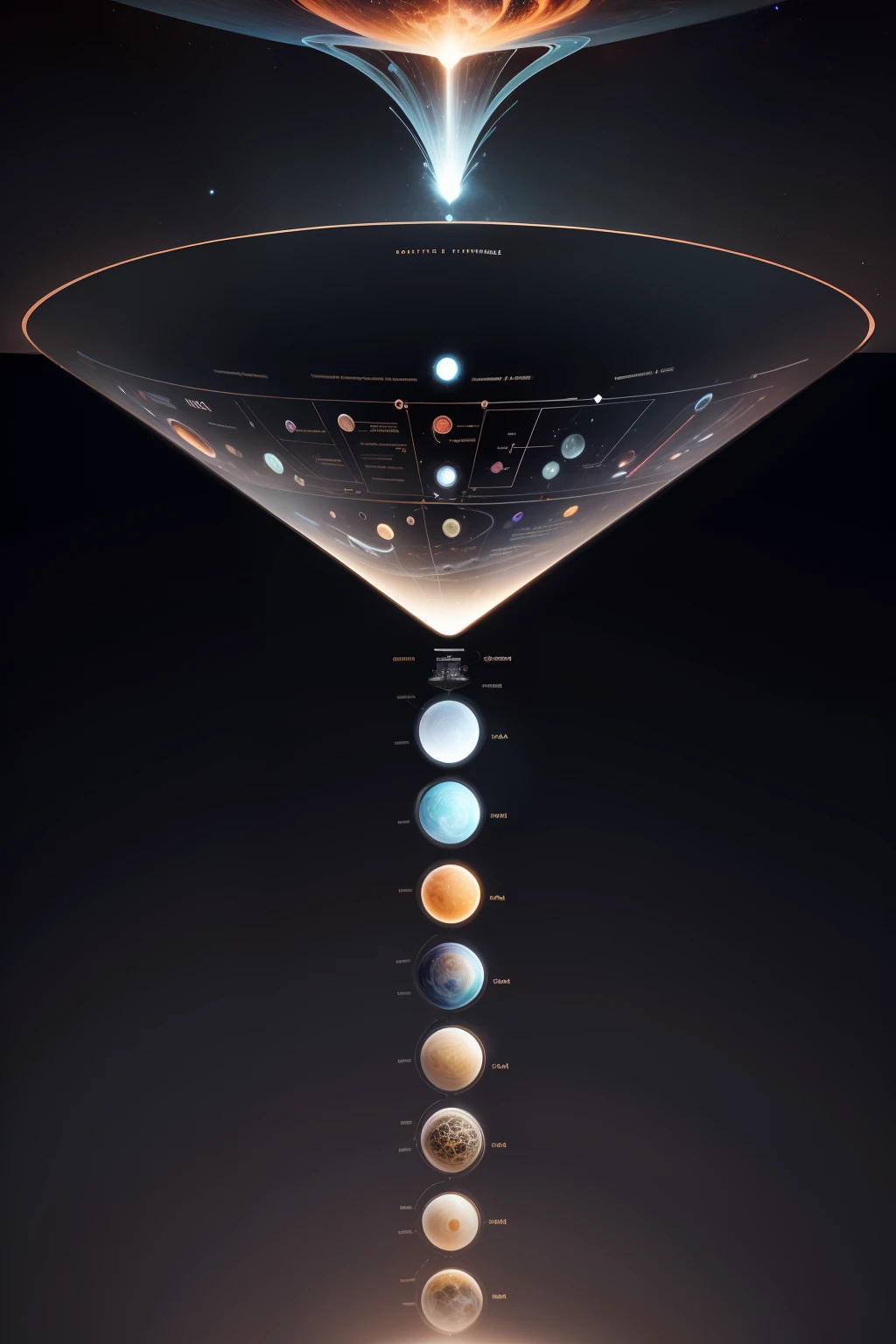 A data funnel diagram diagram that contains many different types of data, Illustration by Jeffrey Smith, shutter inventory, Digital art, detailed scientific diagram, scientific depiction, scientific diagram, Elegant engine, volumetry scattering into space, space molecules, hori, virtual reality metaverse engine, Virtual Engine, Screen information and labels