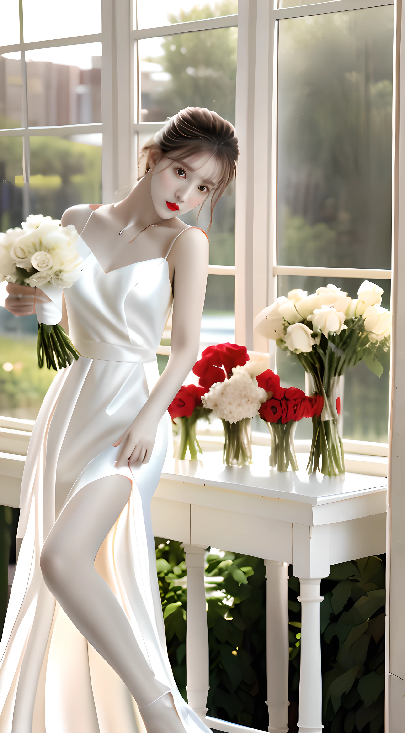 A woman in a long dress holds a bouquet of white roses, soft silk dress, Gorgeous young Korean woman, beautiful Korean women, korean women's fashion model, Beautiful young Korean woman,, stunning elegant pose, Silk dress, beautiful soft silky dress, beautiful silky dress,((Delicate face,Delicate smooth skin,Redlip,(Beautiful hair accessories,choker necklace,耳Nipple Ring),sparkle eyes,Bright and moving eyes))