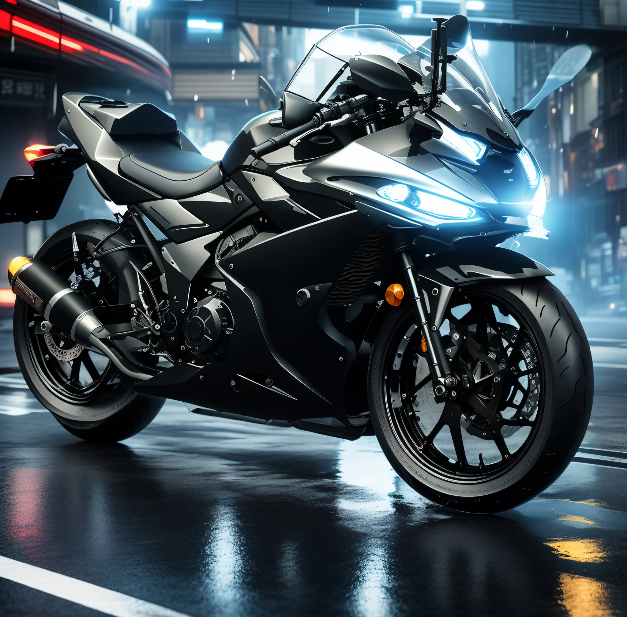 Mirror Black Samurai GSX motorcycle parked on the wet streets of the city, futuristic suzuki, motorcycle, black octane render, 3 d render octane, 3d render octane, sitting on cyberpunk motorbike, 3D octane cycle Unreal Engine 5, 3D octane cycle Unreal Engine 5, Realistic 3D rendering of octane numbers, cycles 3 d render, Motorcycles, Futuristic motorcycle，（Faraway view）
