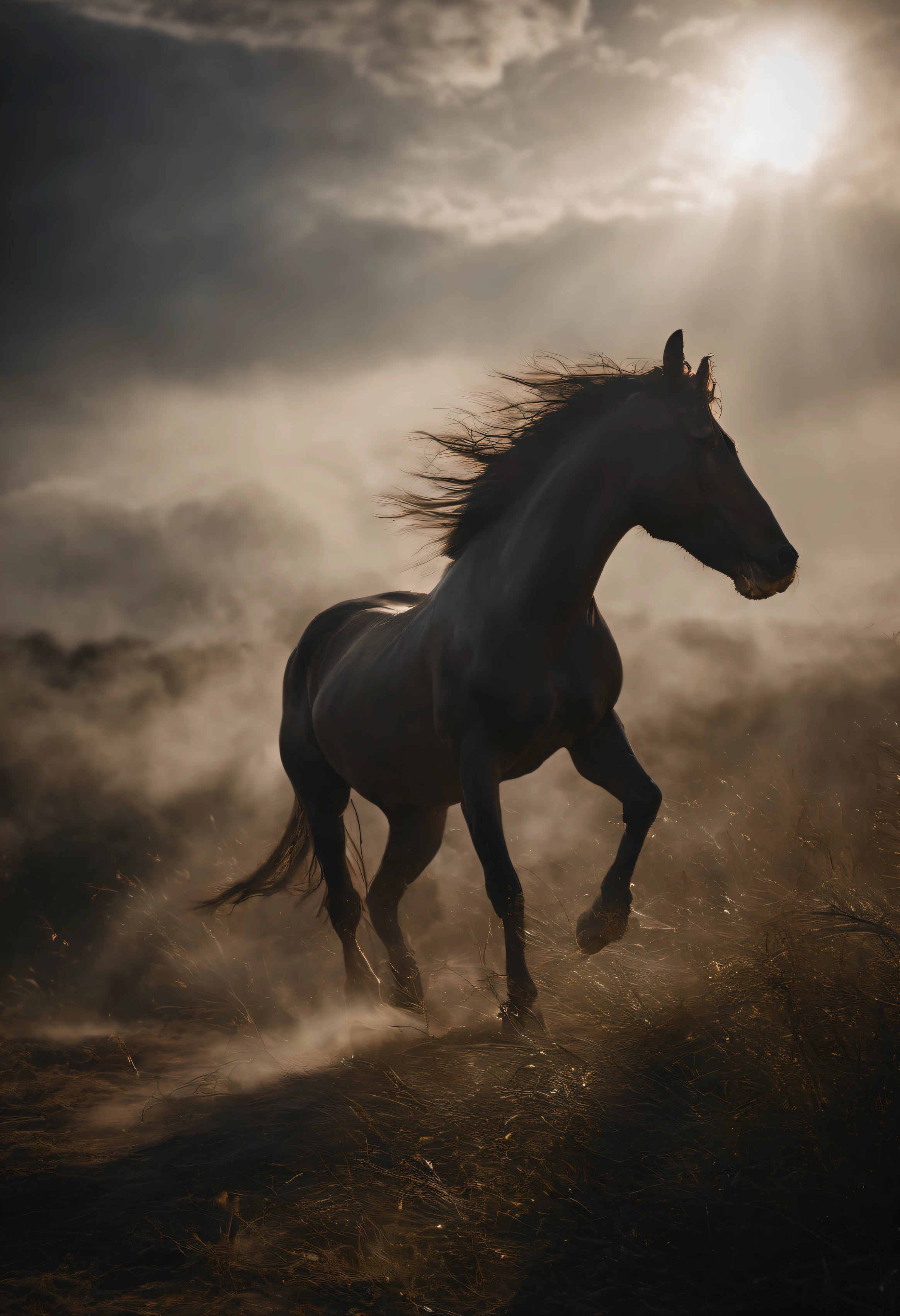 （Legendary artwork），（Running unicorns），Blue-black body，Fluorescence，rendering by octane：1.5，in a cloud，Faraway view，Ultra-clear image quality，No characters，（Cloud effects：1.5），（Lightning effects：1.5），（Water vapor effect：1.5），super detailing，8K，official works