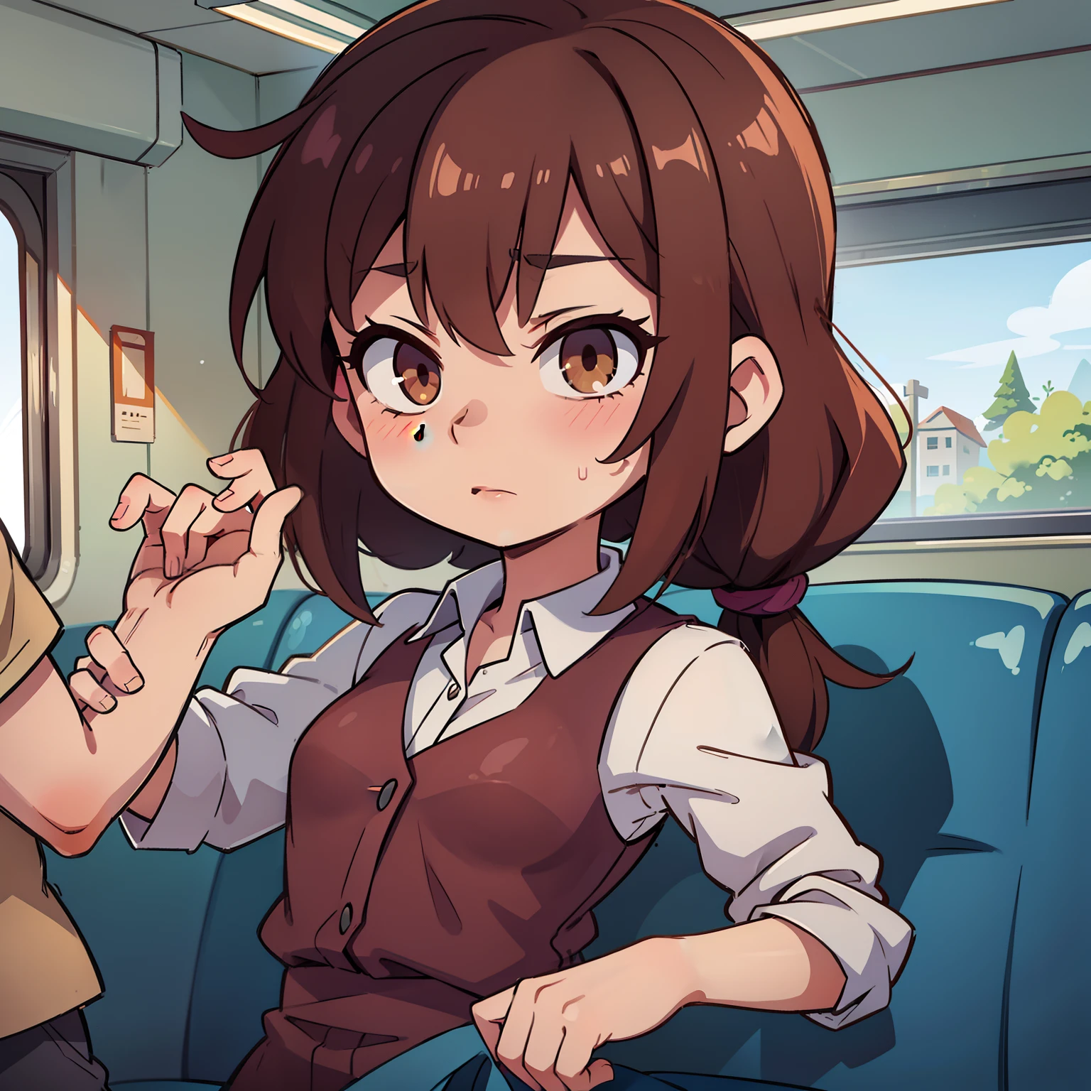 wetted skin、brownish colors、On the train、Being touched、Sheer clothes、poneyTail、Surrounded by a lot of men