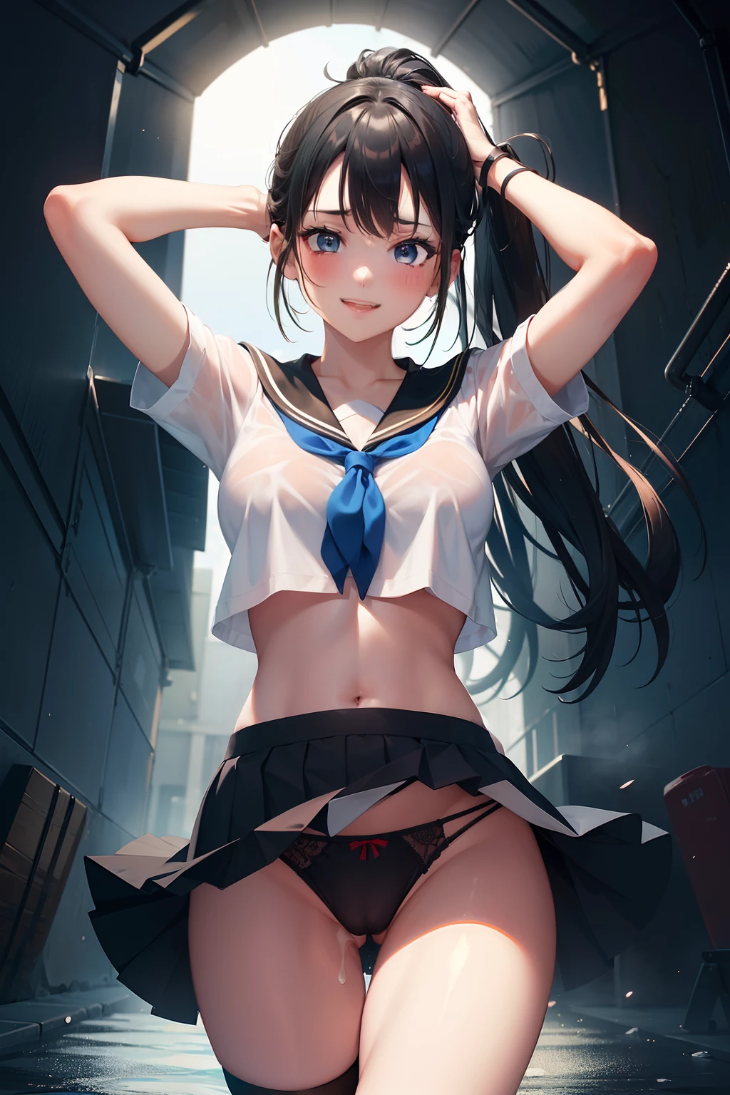 ​nsfw,masterpiece,top-quality,Girl in sailor suit、Navel Ejection,black pleated skirt,((skirt lift)),upskirt,Sexy underwear wearing,Black knee socks,Brunette Hair,Ponytail Hair,The hair is disheveled,Blue-green eyes,Smiling expression,Red face,(cum on body),sweat,Steaming,steam,blows wind,Low-angle,Dark Tunnel,