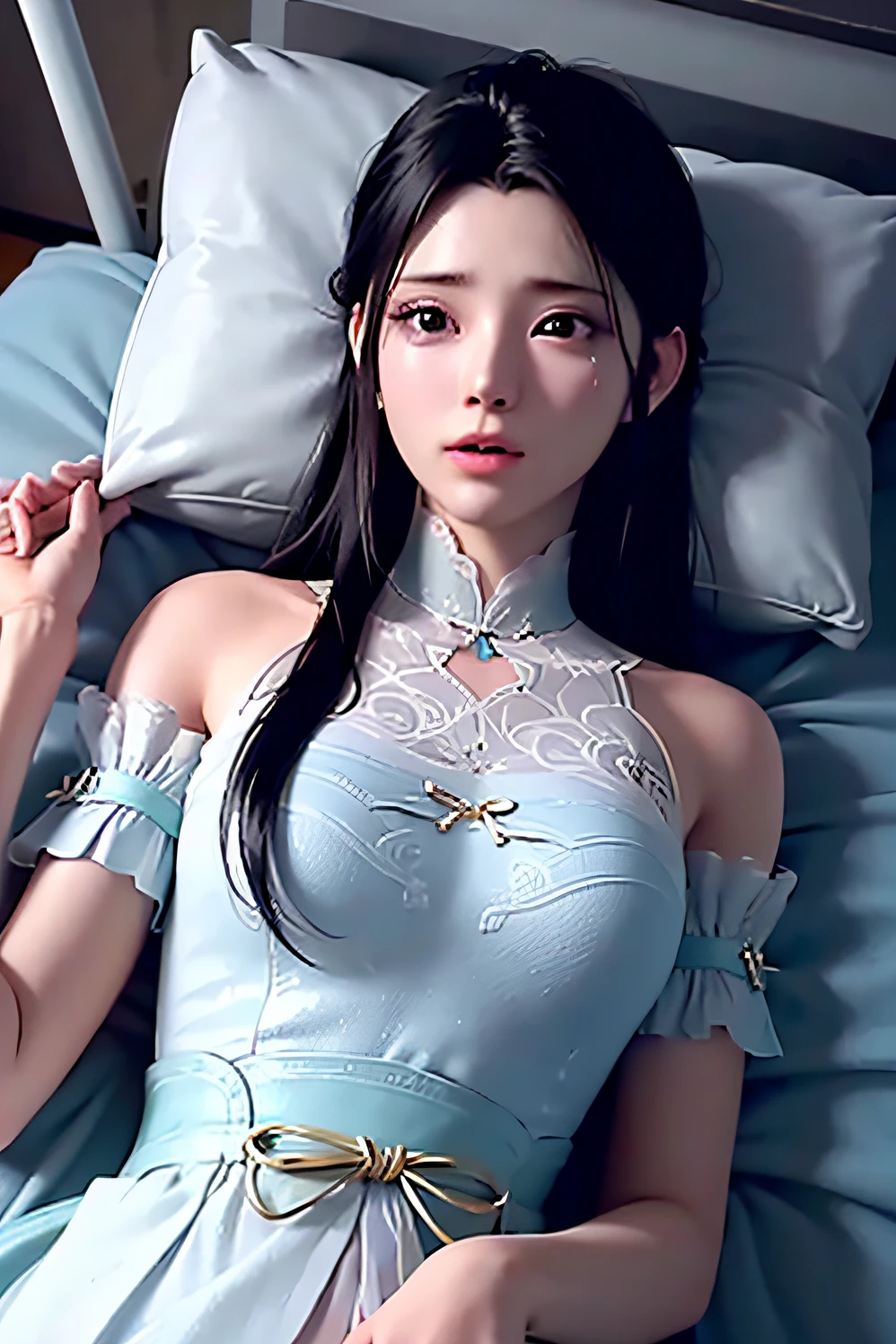 Wear a hospital gown,Lying on a hospital bed,streaming tears,No chest baring,Background with:hospitals