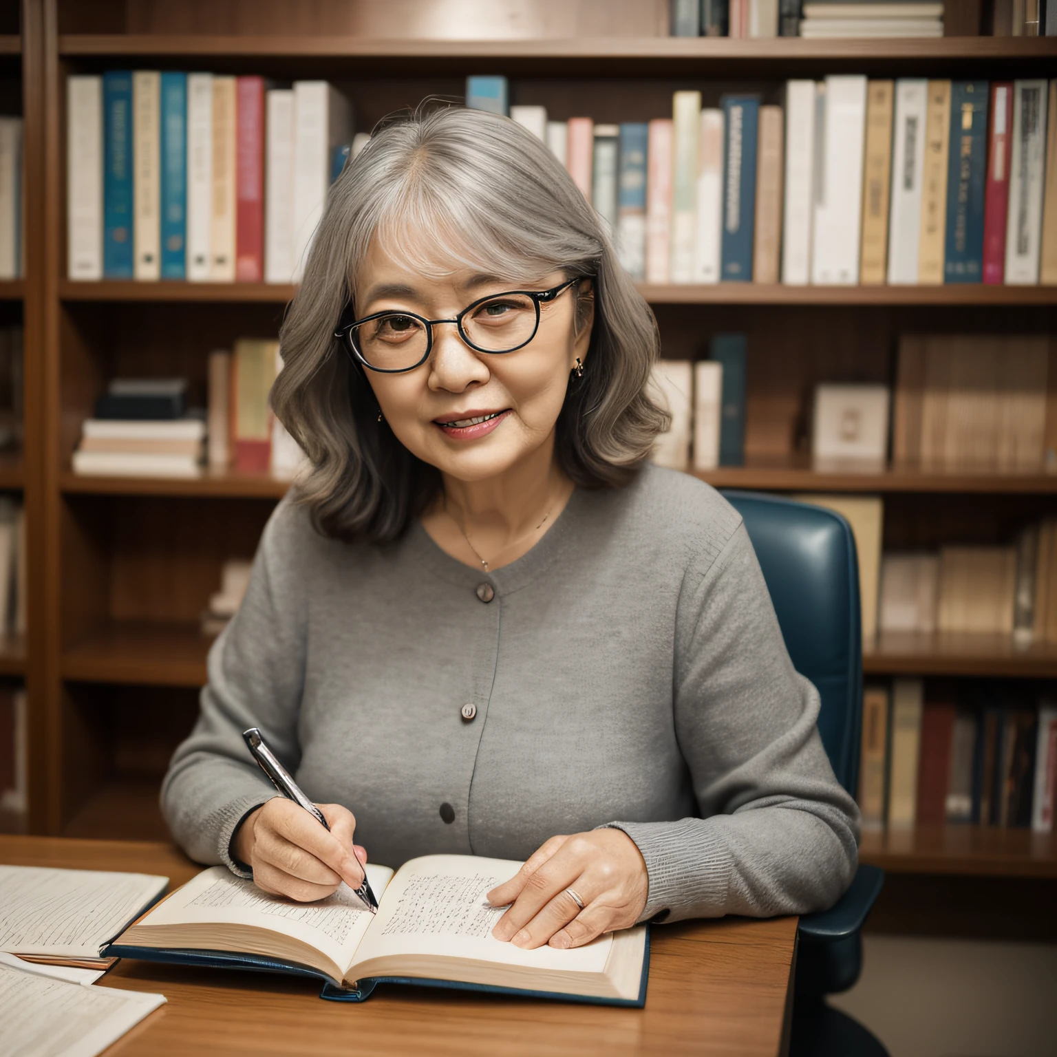 An midle aged asian woman (short grey wavy hair, Glasses, wearing a long sleeved shirts, Closed mouth, Light smile) Sit in a chair head-on,Write in a notebook on your desk, bright face with lights, 60-year-old temperamental Chinese lady, professor, whole subject shown in photo, mature and little chubby woman, in study with lots of books, portrait of female university professor, Mature and cute temperamental Chinese old lady, research, sit on chair, Portrait of a mature woman of an old Chinese lady in a study filled with many books, There is a computer on the desk,A large bookshelf,The background is full of books,