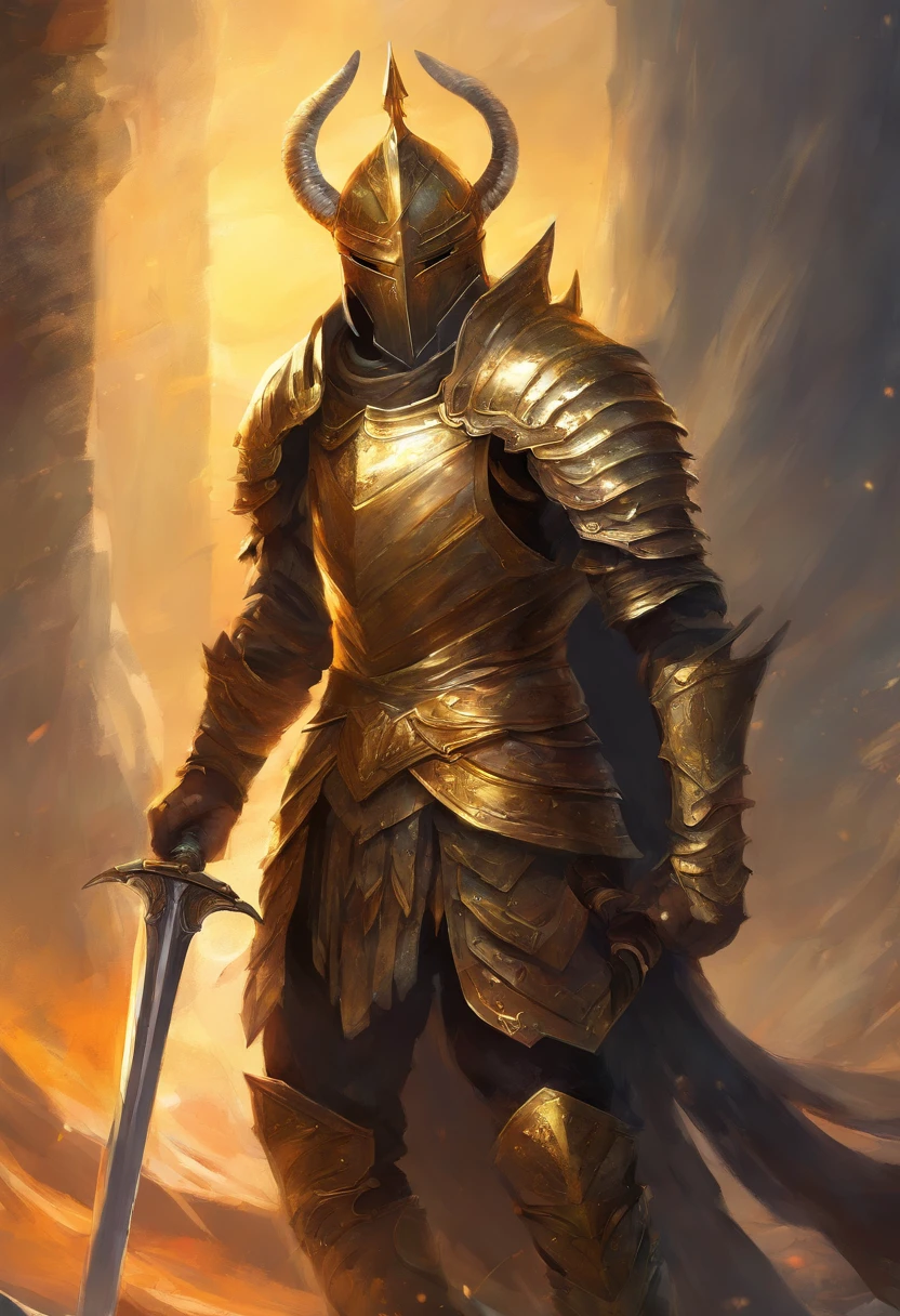 A warrior, Holding a sword, Wearing Gold Armor, (Dark Souls style), With A Horn