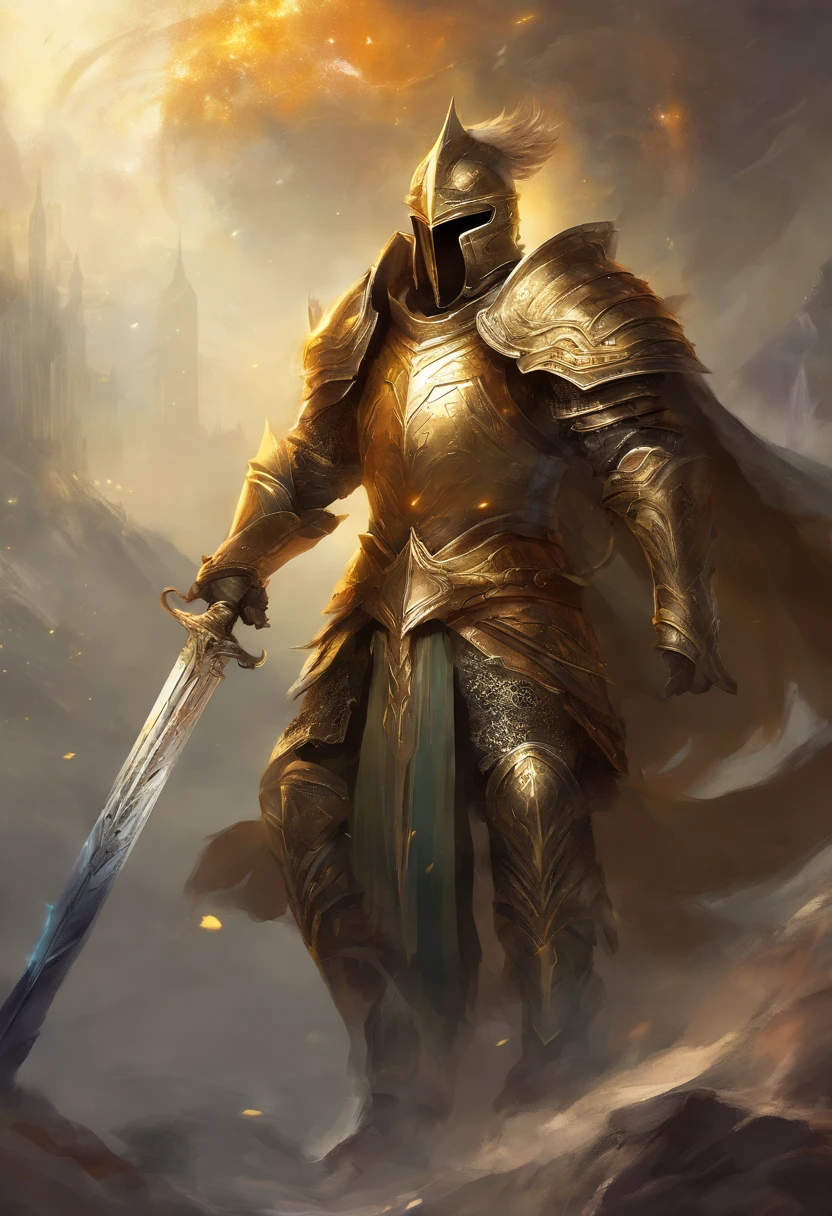 A warrior, Holding a sword, Wearing Gold Armor, (Dark Souls style), With A Horn