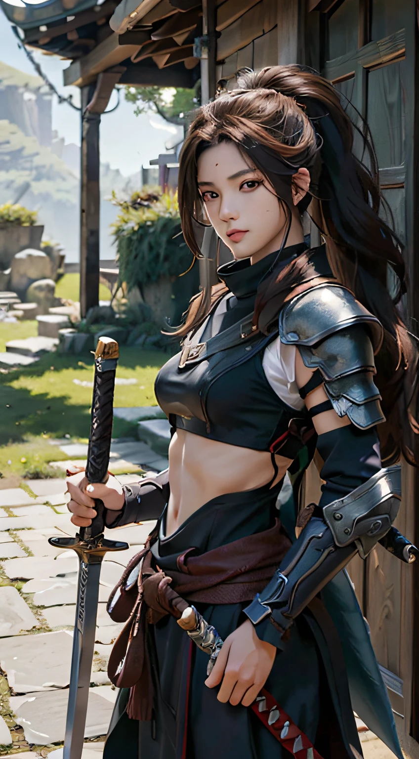 Yaso、League of Legends、yasuo_(lize_In the_legends)、1 juvenile、arma、Male Focus、The sword、facial hairs、独奏、a beard、scabbard、poneyTail、brown haired、ngel、length hair、arma、s Armor、Brown-eyed、outside of house、holds a sword、Knives、musculature、The tree、looking at the spectator、lifelike rendering、masterpiece, top-quality, hightquality, hight resolution, Wearing black clothes