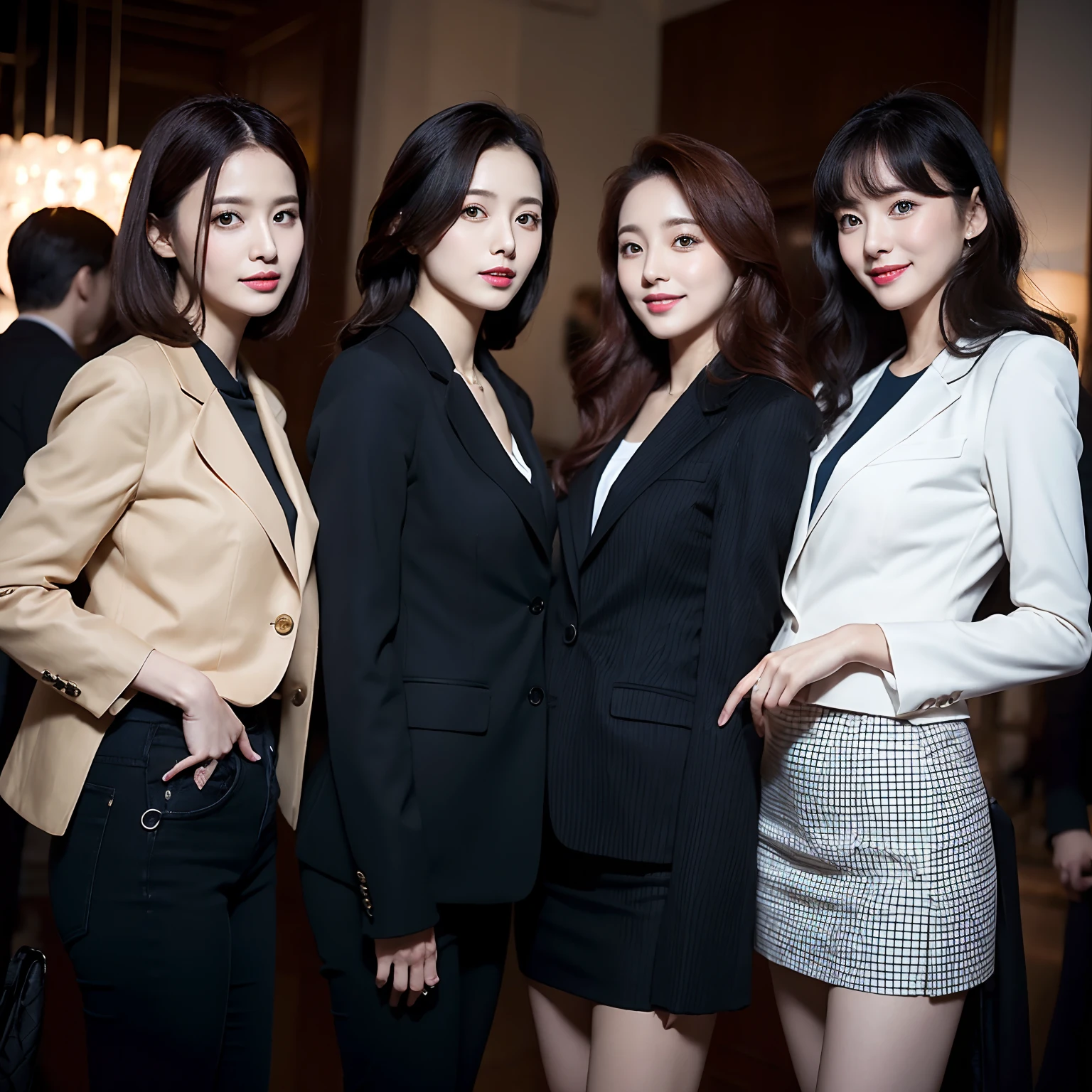 A stunning trio woman with an slim figure, embrace each other, (small bosom:1.4). in open blazer wearing