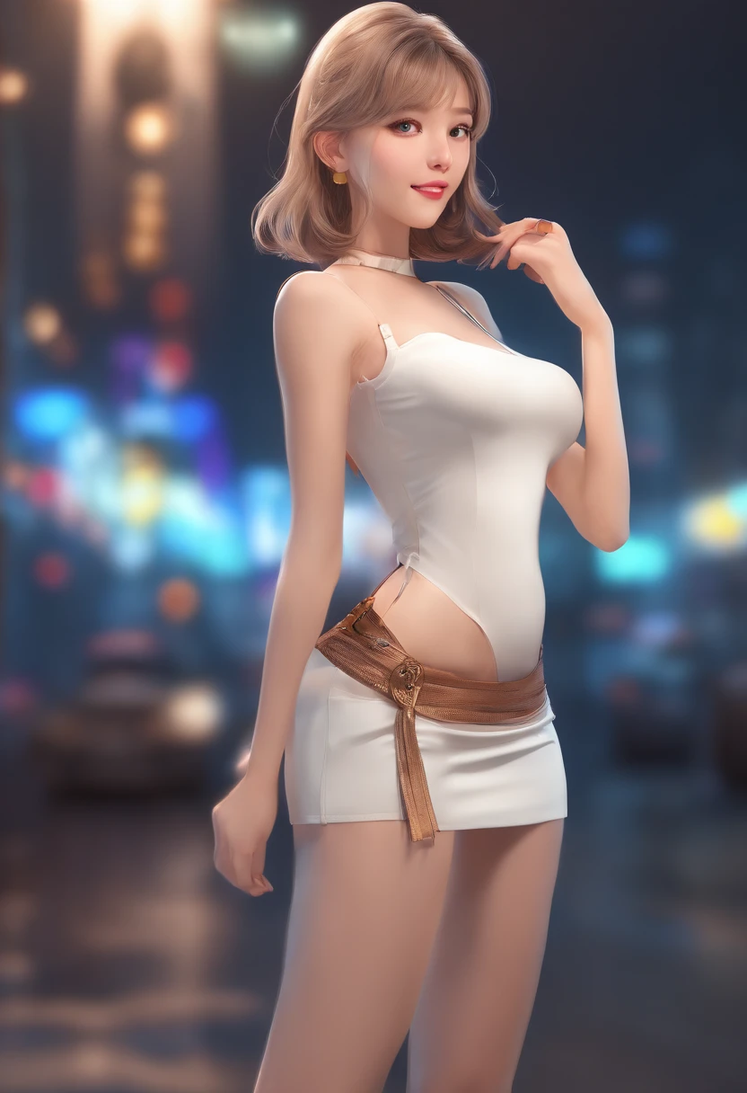 8k, masterpiece, RAW photo, best quality, photorealistic, extremely detailed CG unity 8k wallpaper, Depth of field, Cinematic Light, Lens Flare, Ray tracing, (extremely beautiful face, beautiful lips, beautiful eyes), intricate detail face, ((ultra detailed skin)) 1girl, in the dark, deep shadow, pretty korean girl, kpop idol, 1 girl, (very slim slender fit-muscled body:1.3), ((looking at viewer)),(big smile:1.3), (midnight, dark night, (neon sign), (blurred background), dim light), (without people in the background:1.3), beautiful earrings, bracelets, necklace, pantyhose, clear eyes, walking , front shot, (pale skin), (big eyes), face forward, (full body shot), (blonde hairs), open navel, (looking at viewer:1.3), very slim, medium breasts, (camel toe), thick thighs, turn back, (flooming laced mini dress), ((white color dress)), (tight skirt), ((turning back, back shot)), ultra mini skirt, exposed ass, upper shot, alice delish, realistic, white girl
