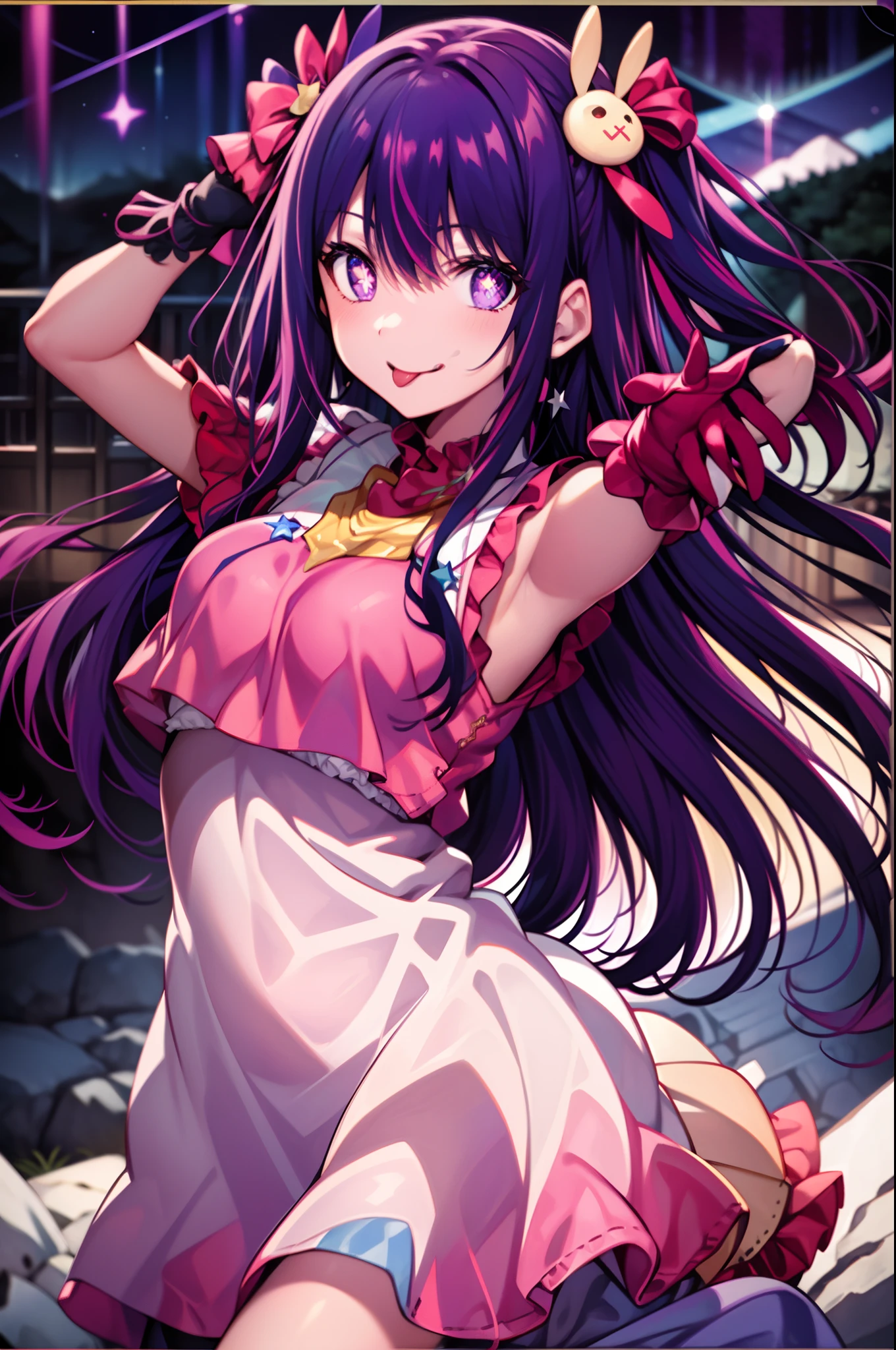 (best quality), (ultra_detailed), finely detail, (Depth of field), HshinoAi,gloves, tongue out, tongue, long hair, star \(symbol\), looking at viewer, (purple hair:1.2), purple eyes, upper body, hair ornament, :p, frills, pink shirt, smile, sleeveless, shirt, idol, symbol-shaped pupils, hands up, bangs, one side up, star-shaped pupils, arms up, dress pull, sky, flower, cliff,