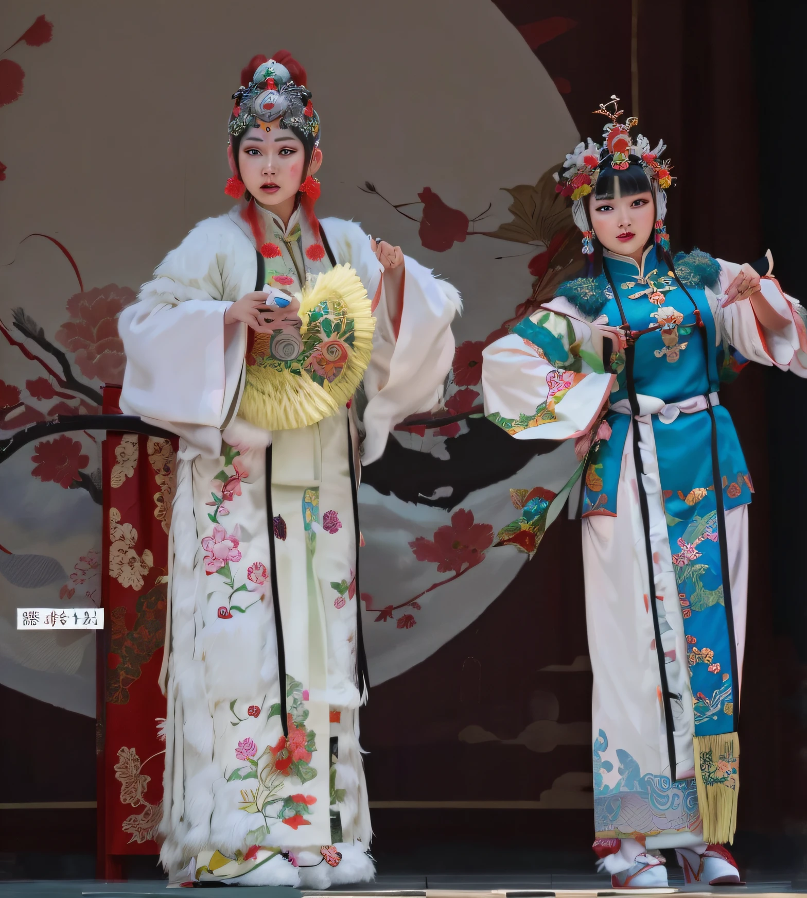 Two Asian women dressed in traditional opera costumes hold fans and fans, Wear a prickly on your head,beijing opera, Wearing ancient Chinese clothes, Chinese costume, Chinese traditional, Traditional Chinese clothing, with acient chinese clothes, 中 国 鬼 节, ancient chinese beauti, beijing, Chinese tradition, year 2447, chinese empress, theatrical, Colourful, Hanfu,face digtal,