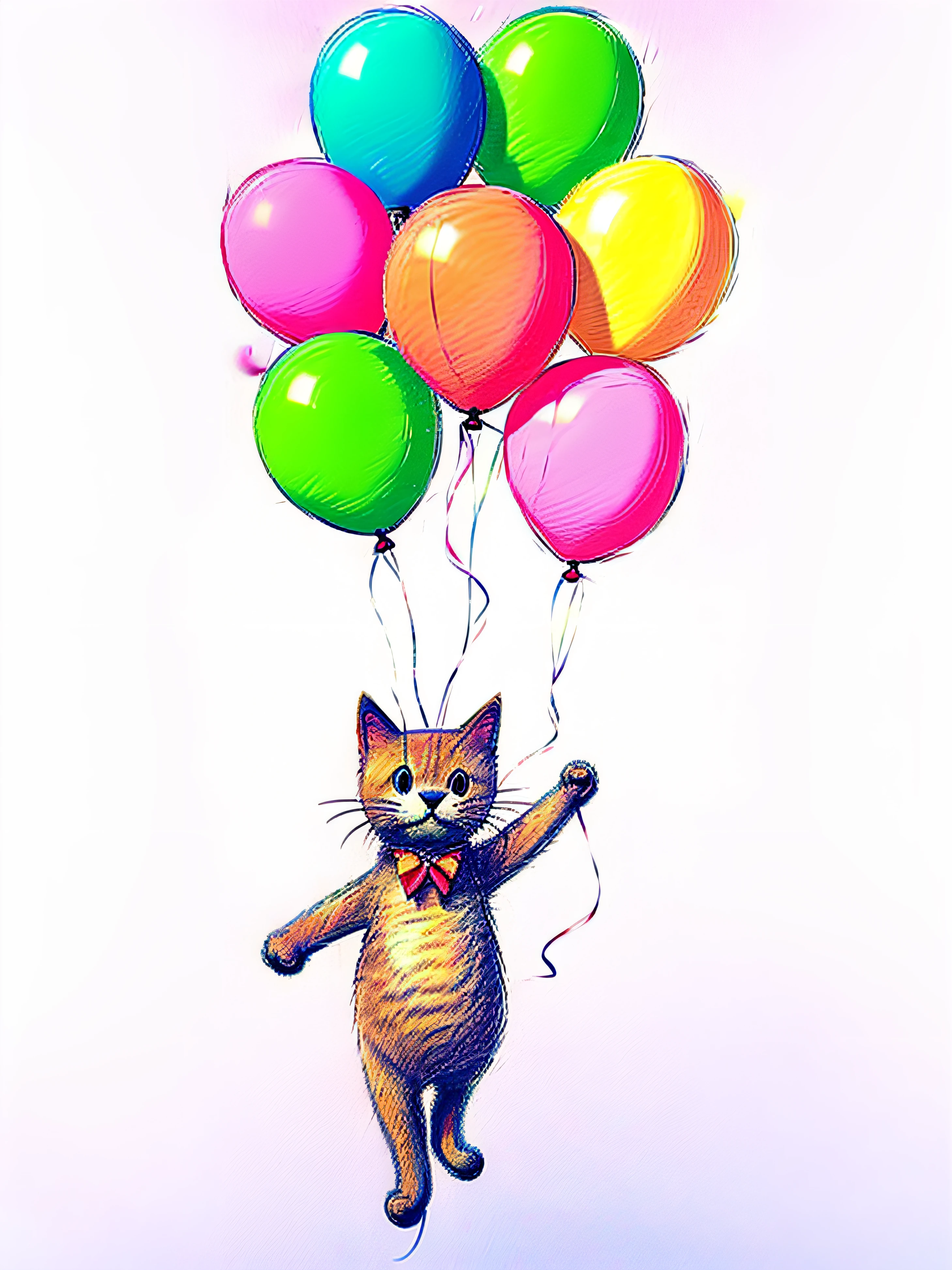 A white cat holding a bunch of balloons in its paws, kawaii cat,, cat floating in the air, !!!! Cat!!!!, nice picture,
3D rendering