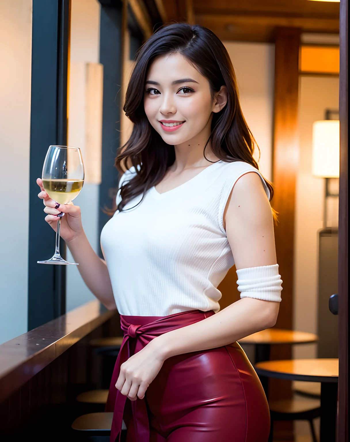 (64K, UHD, top quality, masterpiece: 1.2), (realistic, photorealistic: 1.37), super detailed, pretty woman 1 person, (slim face), (slim body), (brown hair), (short cut), cheeks slightly blushing, (44 years old), 38 years old, solo, beautiful detailed urban night view outside the window, restaurant, wine glasses sit, at night, in a prominent placeNovaFrogStyle, Actress, Model, Waist Up, White Wine, Slim, Wine Glass, Super Clean Night View, Wine Glass Put in the Middle, Happy Smile, (Smile: 1.15), Beautiful Fine Eyes, Upper Body, Bust Japan Up, Night, Short, Short, Actress, Model, Waist Up, White Wine, Slim, Wine Glass, Super Clean Night View, Wine Glass Put in the Middle, Happy Smile,