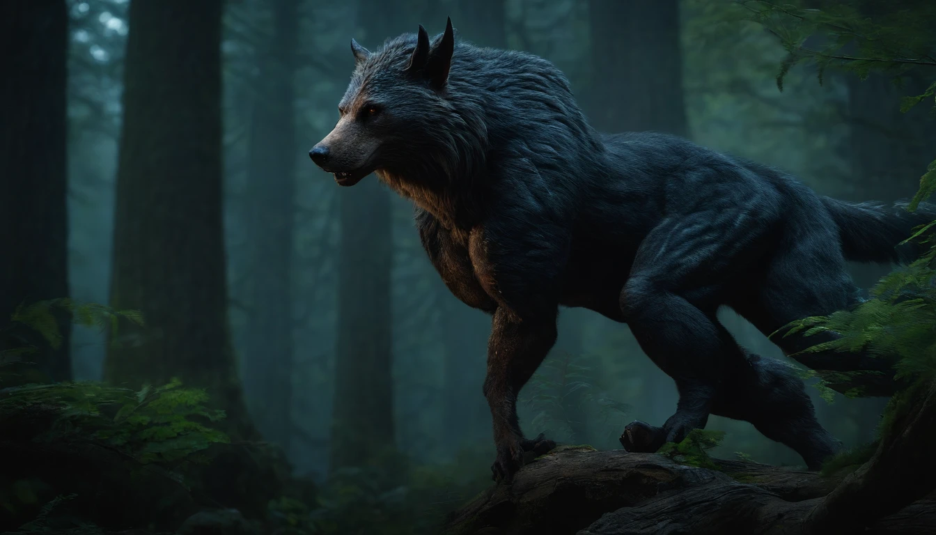 werecreature，erect through，the night，In the woods，8K，（（tmasterpiece）），hdr，highly  detailed，professinal