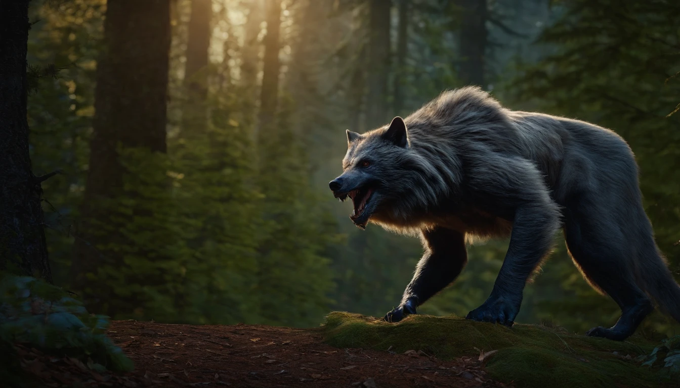 werecreature，erect through，the night，In the woods，8K，（（tmasterpiece）），hdr，highly  detailed，professinal