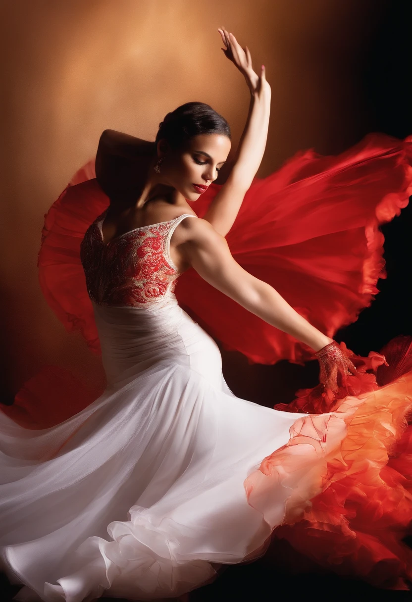 /imagine prompt: Compose a vibrant narrative capturing the essence of a passionate flamenco dance. Describe the hypnotic rhythm of the music, the intricate footwork, the dramatic hand movements, and the fiery emotions conveyed by the dancer. Dive deep into the dancer's backstory, their motivations, and the transformative power of flamenco in their life. Bring to life a performance that enchants and mesmerizes, leaving an indelible mark on both the dancer and the audience.::3 concert lighting::3 crepuscular rays::3 matte black color::3 red::3 silver color::3 vermillion::3   --aspect 16:9 --quality 1