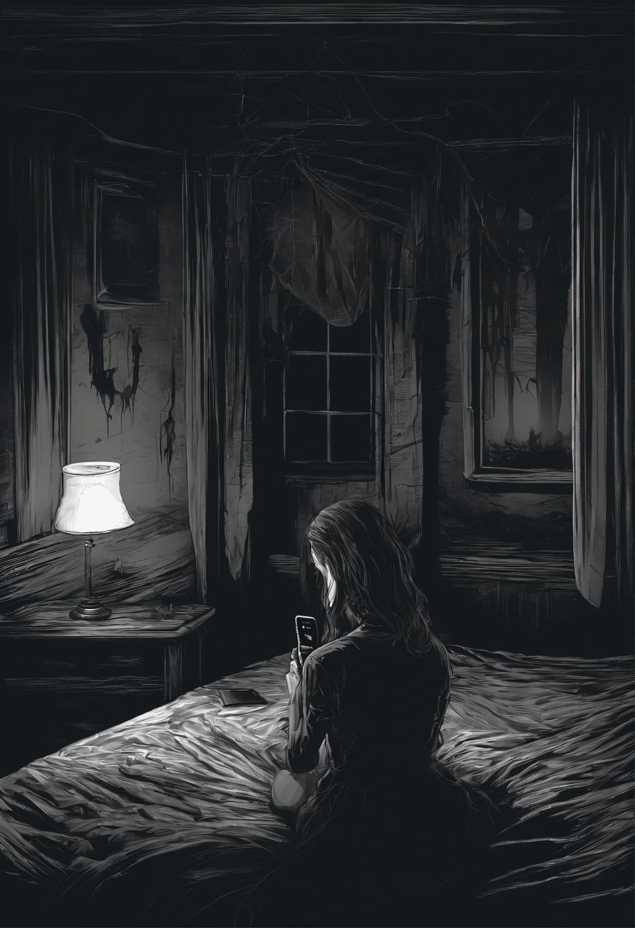 darkened room、infp young woman、Operating a smartphone、Unread message text on smartphone screen