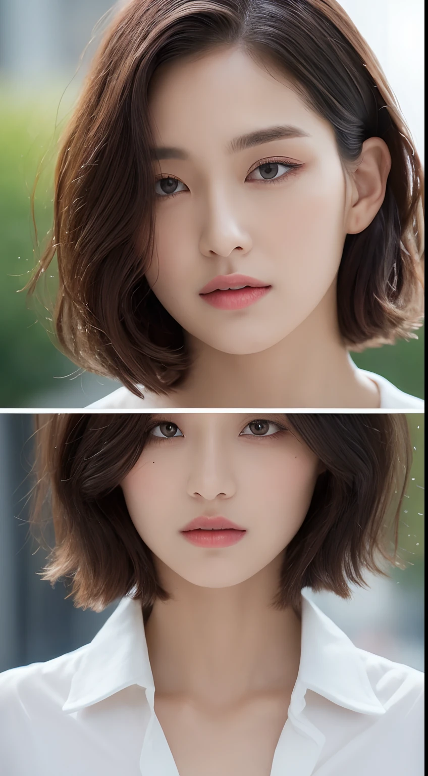 ((Best Quality, 8K, Masterpiece: 1.3)), Sharp: 1.2, Perfect Body Beauty: 1.4, Slim Abs: 1.2, ((Layered Hairstyle, Big Breasts: 1.2)), (Wet White Button Long Shirt: 1.1), (Rain, Street: 1.2), Wet: 1.5, Highly detailed face and skin texture, detailed eyes, double eyelids, side face looking at the camera