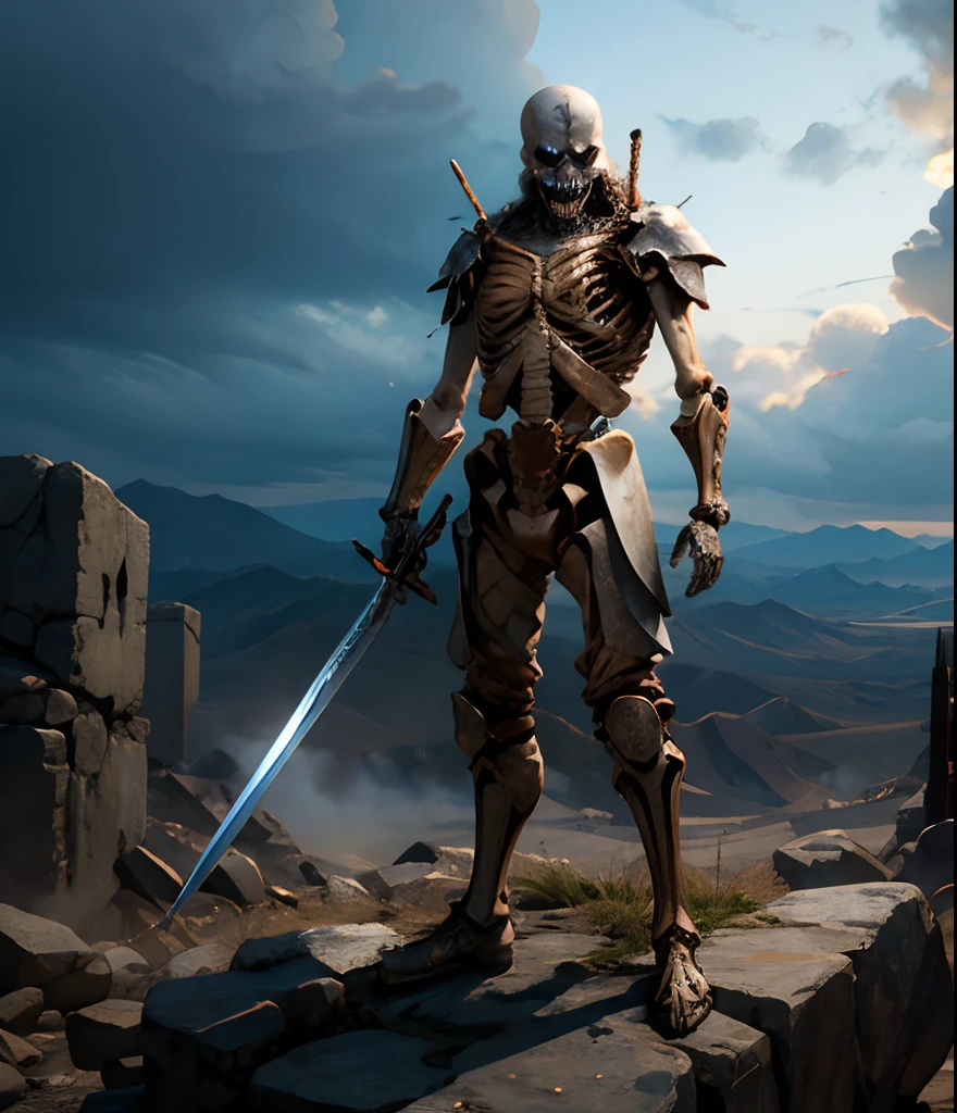 Skeleton Warrior, standing on a vast battlefield in an apocalyptic world. A huge sword pointed in his direction.