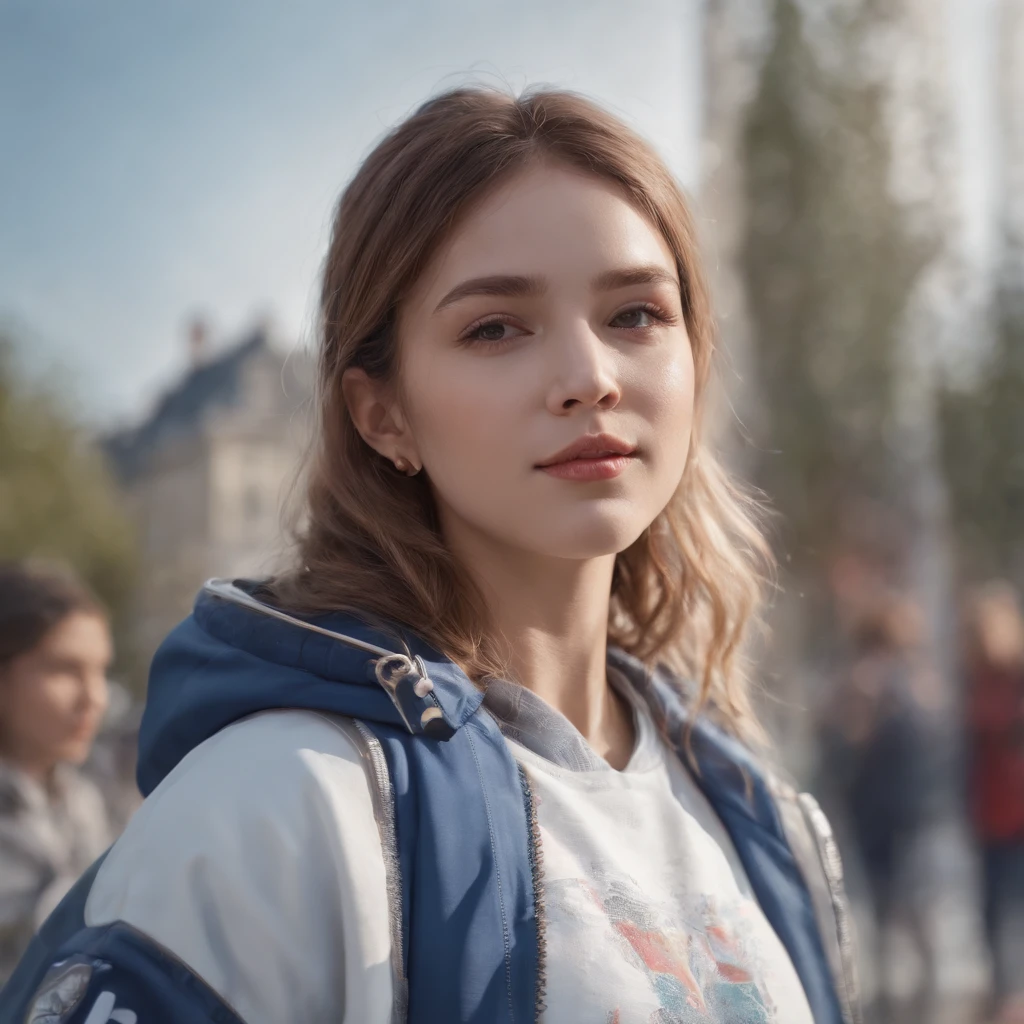 Perfect centering, A cute girl everywhere, Wear a student team jacket, Wearing sunglasses, Wearing headphones, cheerfulness, Standing position, Abstract beauty, Centered, Looking at the camera, Facing the camera, nearing perfection, Dynamic, Moonlight, Highly detailed, Digital painting, art stations, concept-art, smooth, Sharp focus, 8K, high definition resolution, illustration, Art by Carne Griffiths and Wadim Kashin, White background