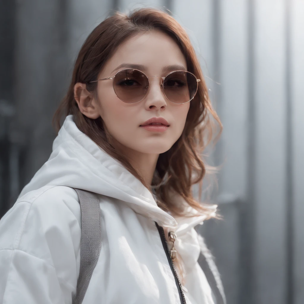 Perfect centering, A cute girl everywhere, Wear a student team jacket, Wearing sunglasses, Wearing headphones, cheerfulness, Standing position, Abstract beauty, Centered, Looking at the camera, Facing the camera, nearing perfection, Dynamic, Moonlight, Highly detailed, Digital painting, art stations, concept-art, smooth, Sharp focus, 8K, high definition resolution, illustration, Art by Carne Griffiths and Wadim Kashin, White background