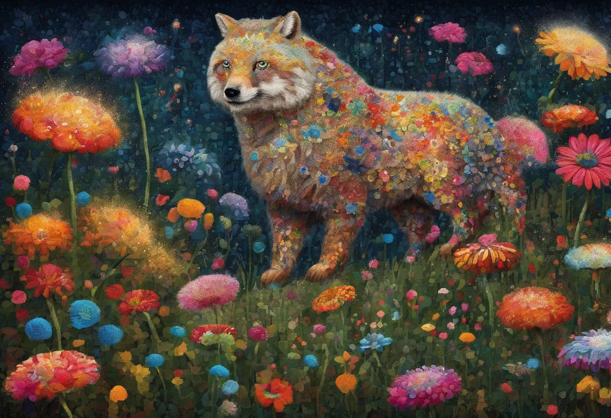 There are photos of various animals in a flower field, line art illustration, ln the forest, Hand drawn illustrations, pattern designs, Fantasy Forest
