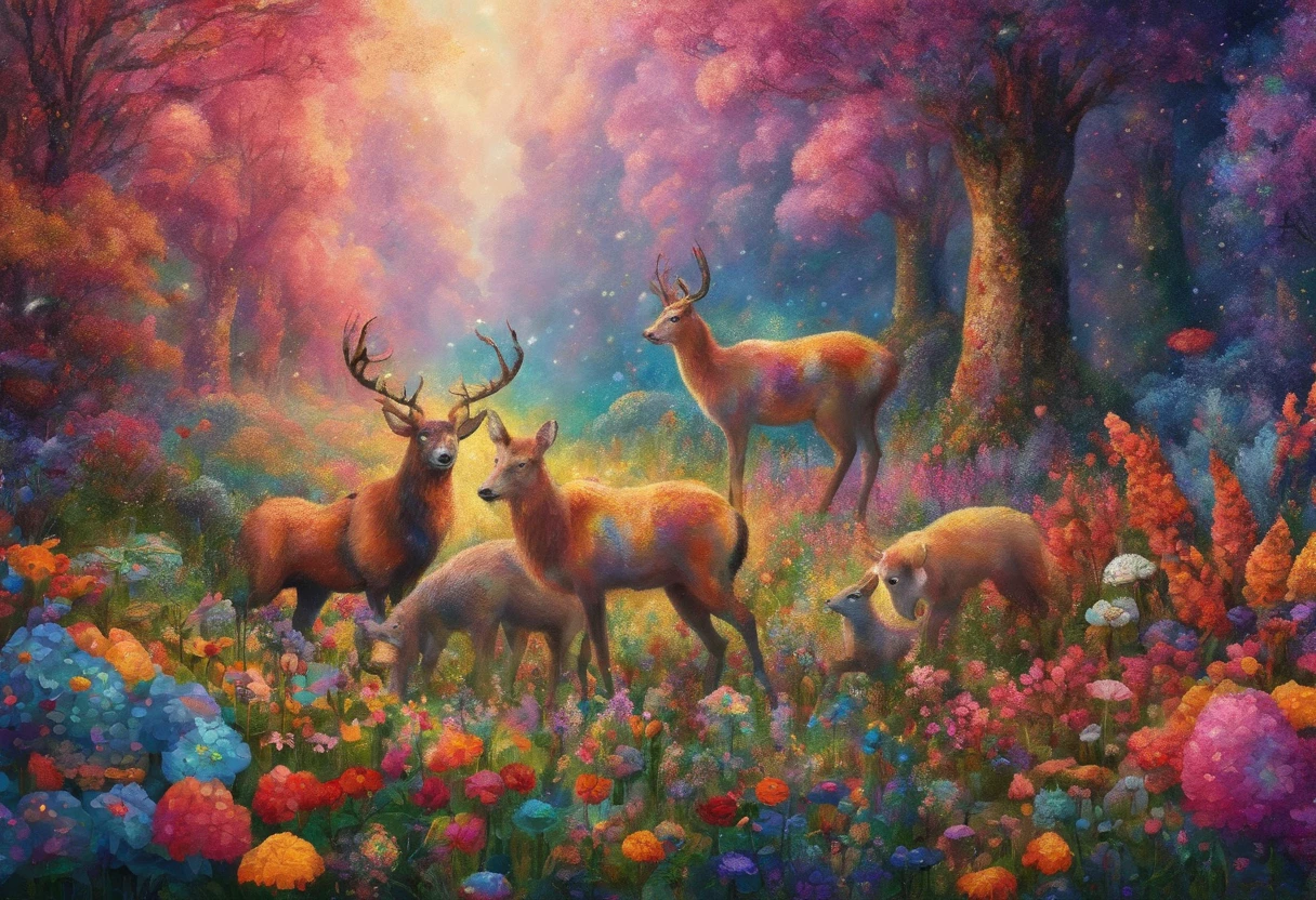 There are photos of various animals in a flower field, line art illustration, ln the forest, Hand drawn illustrations, pattern designs, Fantasy Forest