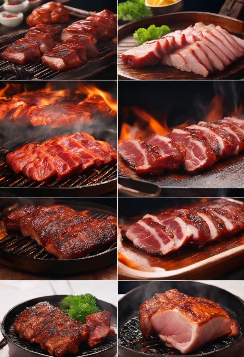 Charcoal-grilled char siu、firey、It looks delicious、Kayaki、Grilled pork、pork meat、(A hyper-realistic),(top-quality), (ultra-detailliert)、Char Siubrok、