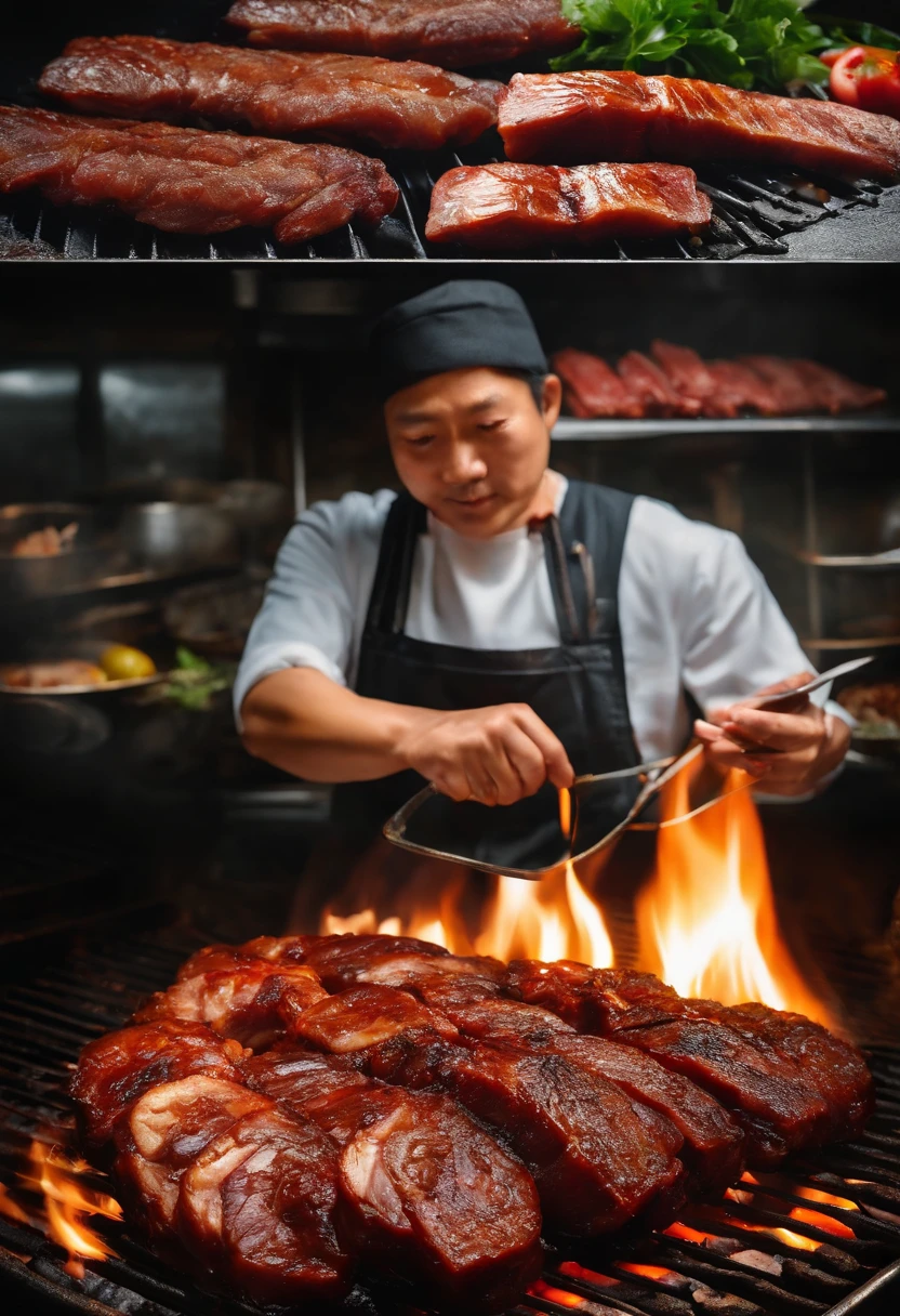 Charcoal-grilled char siu、firey、It looks delicious、Kayaki、Grilled pork、pork meat、(A hyper-realistic),(top-quality), (ultra-detailliert)、Char Siubrok、