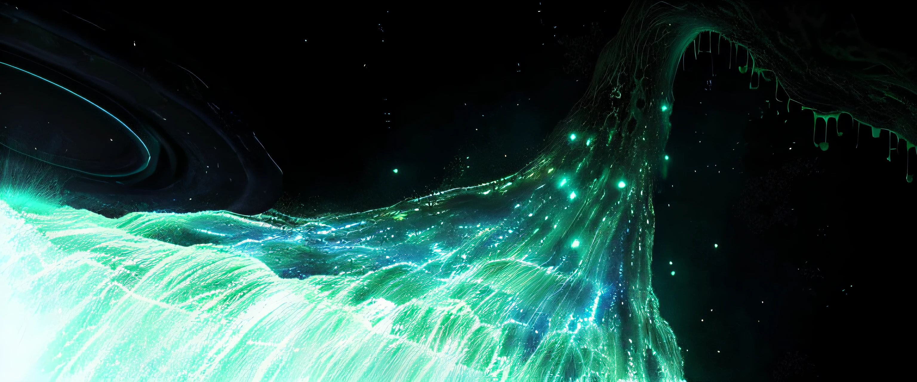 There is green liquid poured from the bottle into the sink, tentacles climb from the portal, bioluminescent waterfall, Rotate the bioluminescent energy, waterfall in asteroid field, tube wave, Clematis in the deep sea, intricate sparkling atmosphere, wave of water particles, Liquid luminescent aura, Digital painting. rendering by octane