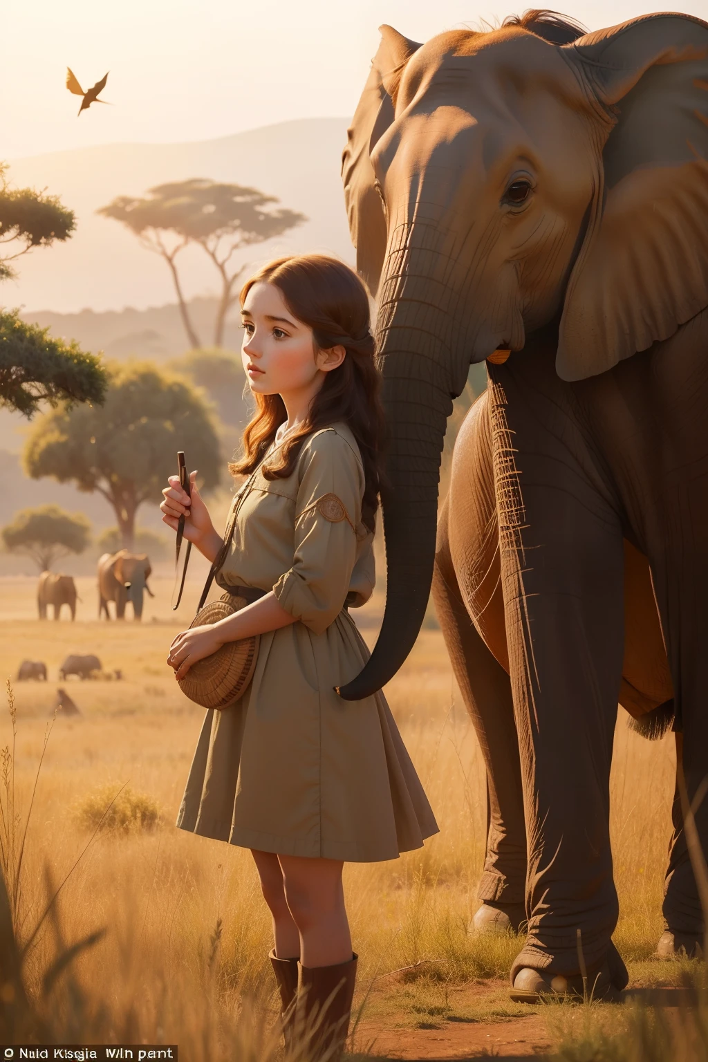 Date: 2018
Description:
Marry the Pre-Raphaelite fascination with nature to a ten girl in contemporary safari attire, observing a majestic herd of elephants in the African savannah, the golden sunlight casting a magical aura over the scene.