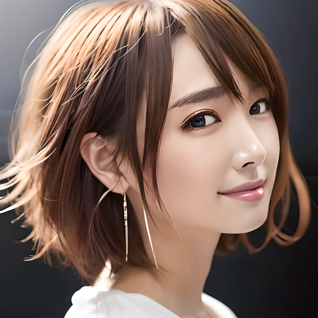 Short hair earrings anime girl in white shirt, with short hair, a beautiful anime portrait, Guviz-style artwork, Anime style portrait, Cute anime girl portrait, Stunning anime face portrait, Anime style. 8K, Guviz, Digital anime illustration, Kawaii realistic portrait, lovely art style, Beautiful anime style, Cute natural anime face