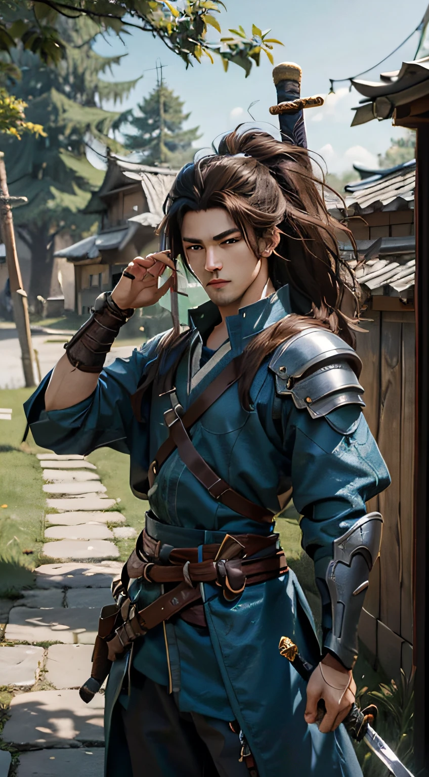 Yaso、League of Legends、yasuo_(lize_in the_legends)、1 juvenile、arma、Male Focus、The sword、facial hairs、独奏、a beard、scabbard、poneyTail、brown haired、ngel、length hair、arma、s Armor、Brown-eyed、outside of house、holds a sword、Knives、musculature、The tree、looking at the spectator、lifelike rendering、masterpiece, top-quality, hightquality, hight resolution