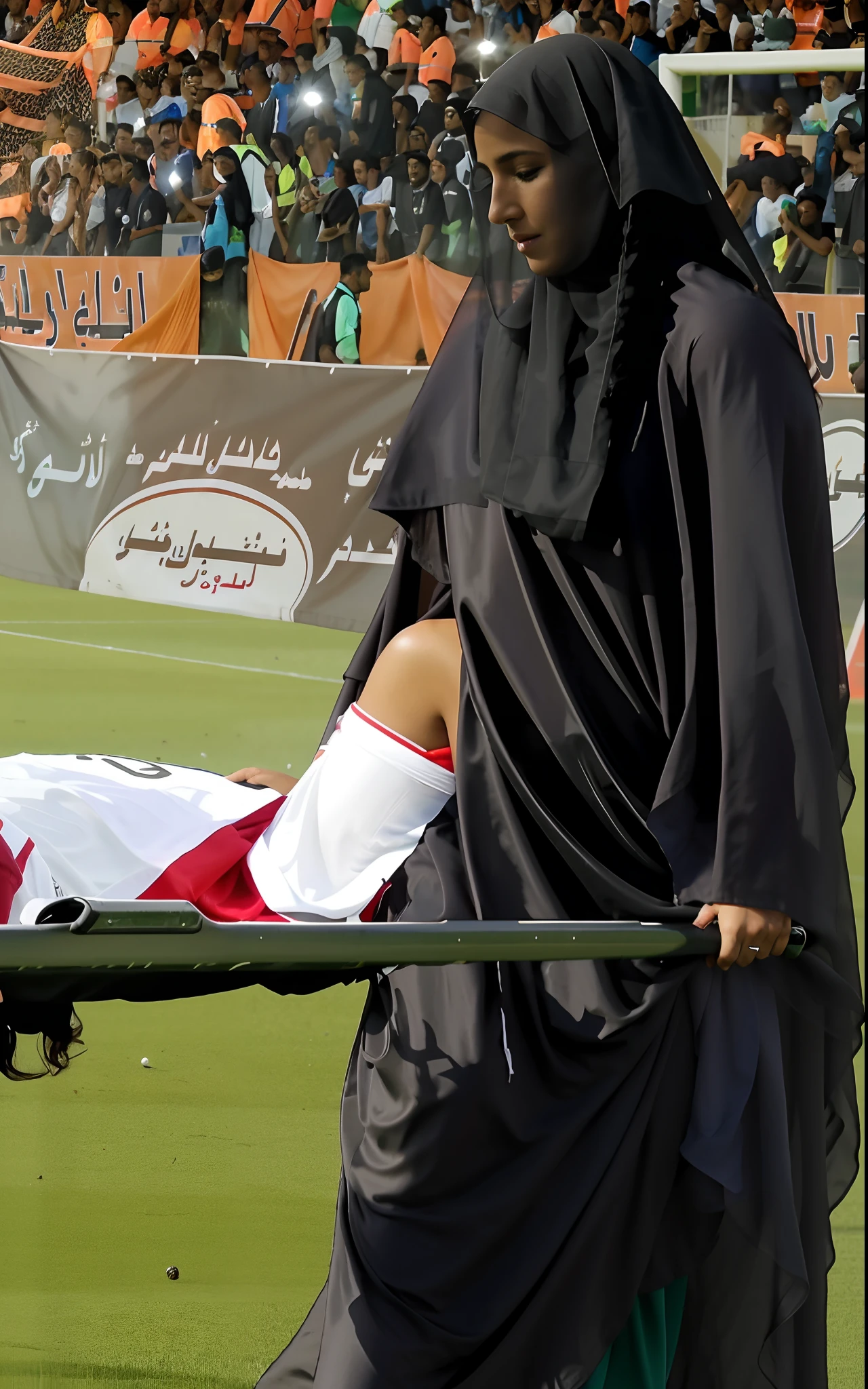 a veiled saudi woman in a shiny black plastic kaftan on a soccer field, a saudi woman dressed in black carries a stretcher on a soccer field, lying on the stretcher you can see the upper body of an injured soccer player with one elbow sticking up, who is carrying injured soccer players on the stretcher a simple white and red cotton shirt without any shine