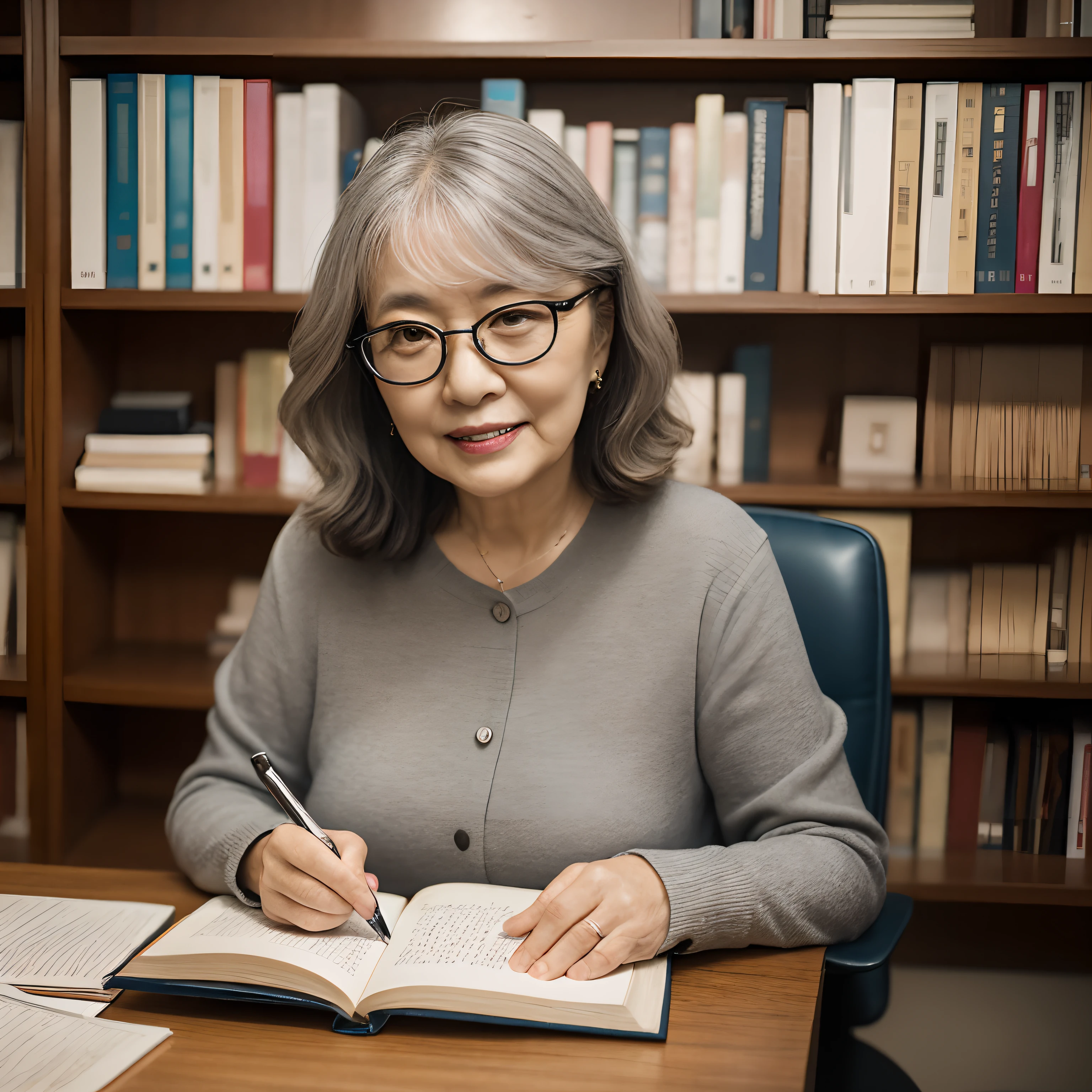 8k, photorealistic, highly detailed, (cinematic:1.3), middle-aged Asian teacher working in dimly lit library, wearing sweater (dark: 1.3), (depth of field), bokeh, film grain, wide shot, soft light, dim lighting, looking at the camera --auto